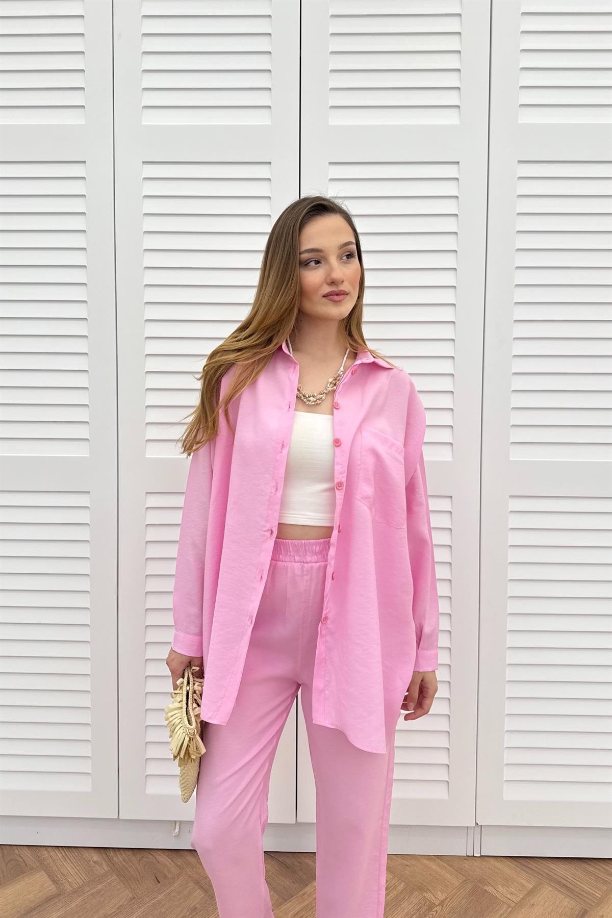 Düğmeli Modal Pantolonlu Takım - PEMBE