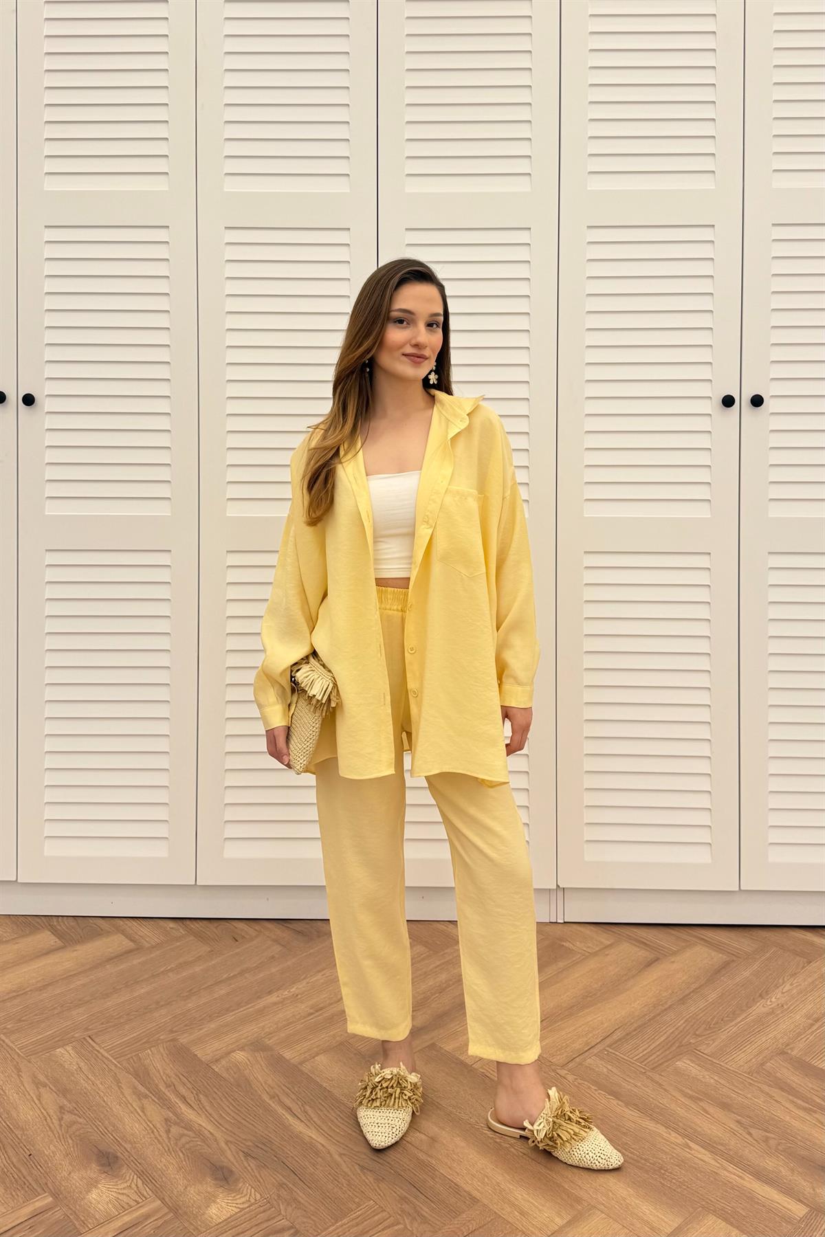 Düğmeli Modal Pantolonlu Takım - SARI