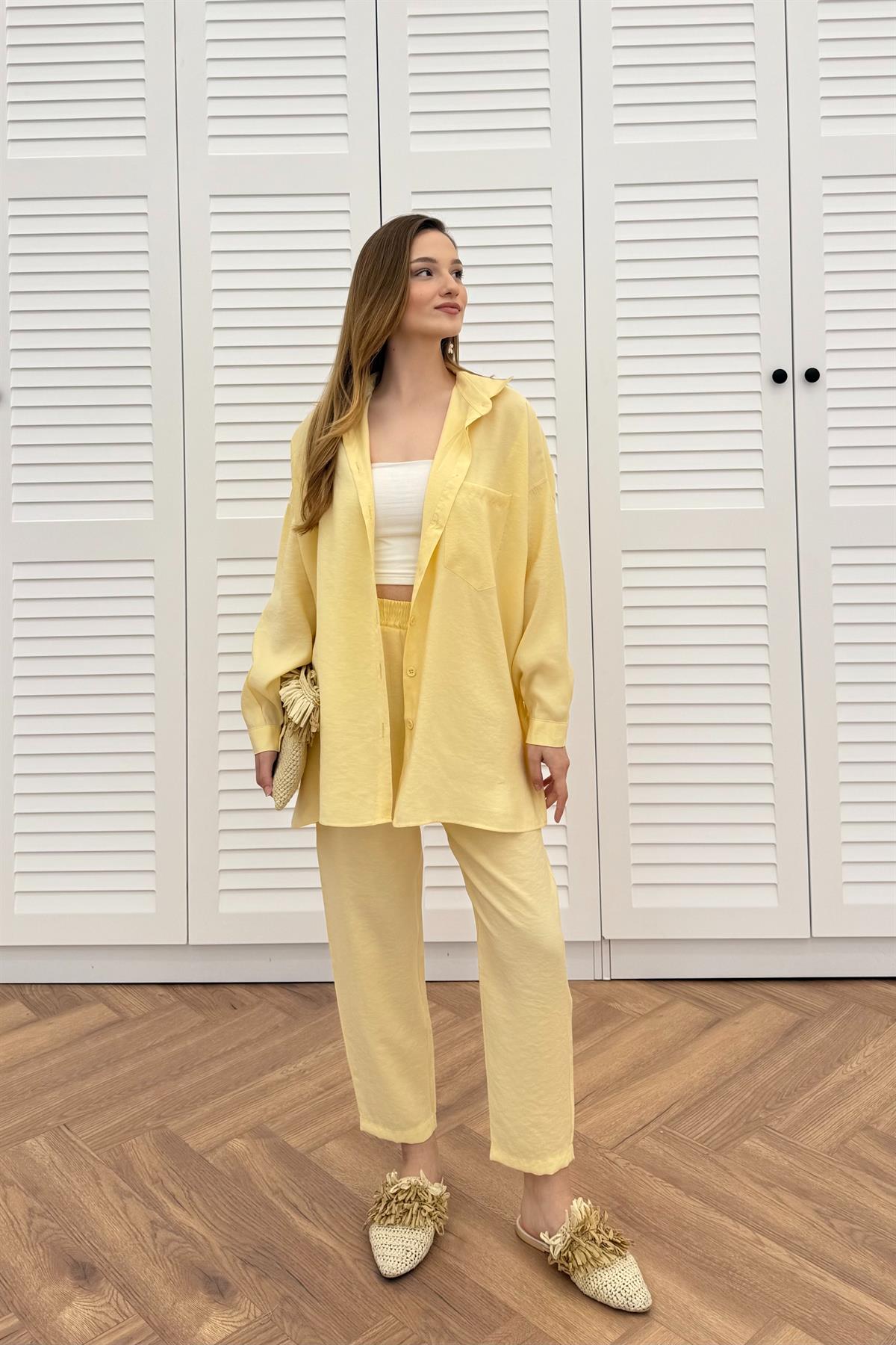 Düğmeli Modal Pantolonlu Takım - SARI