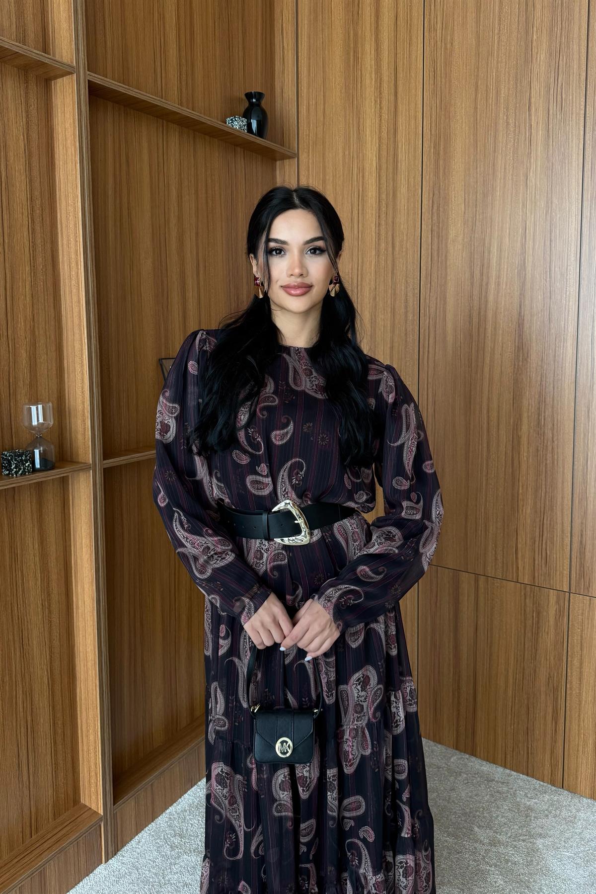 Etnik Desen Şifon Elbise - BORDO