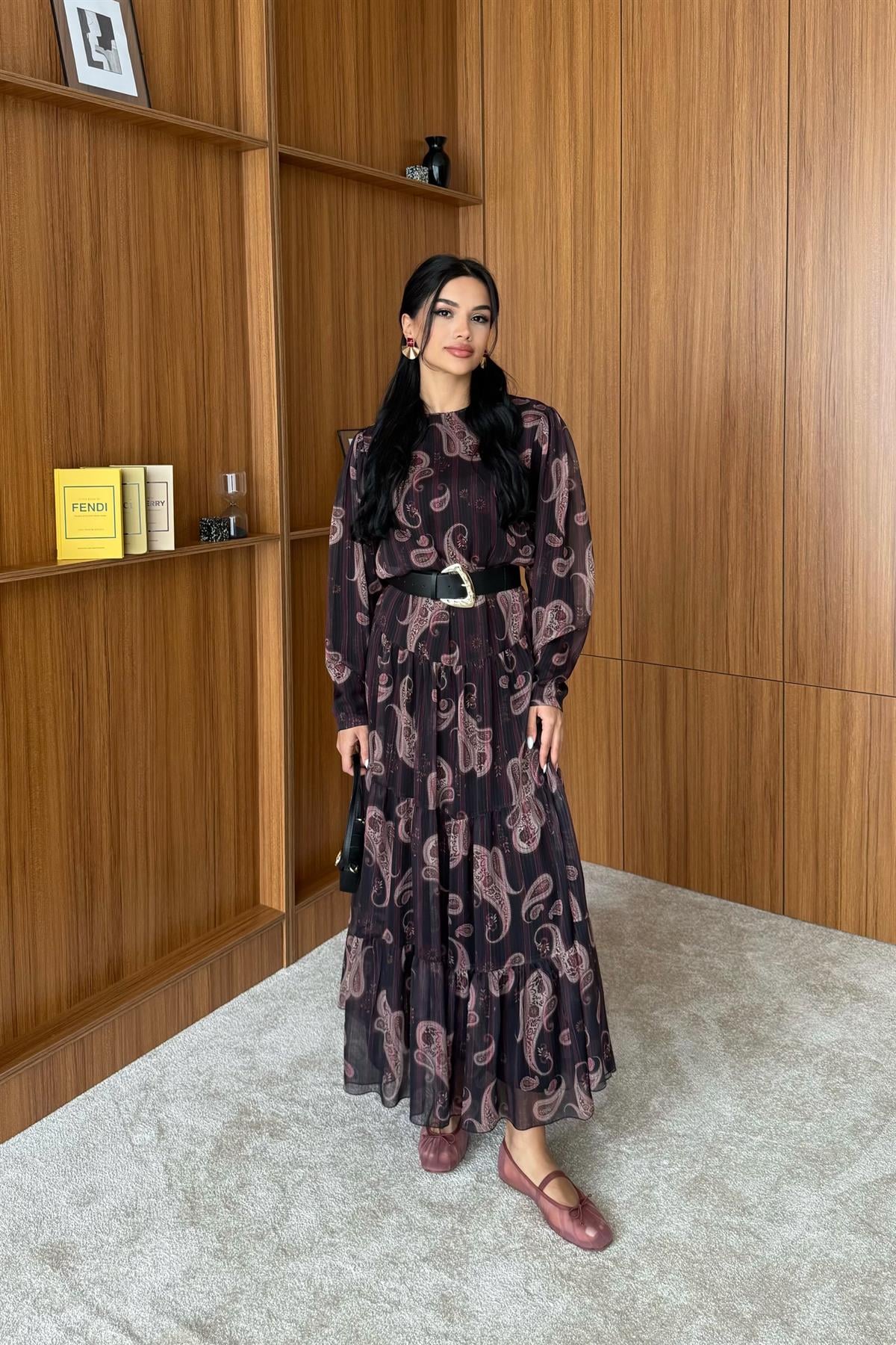 Etnik Desen Şifon Elbise - BORDO