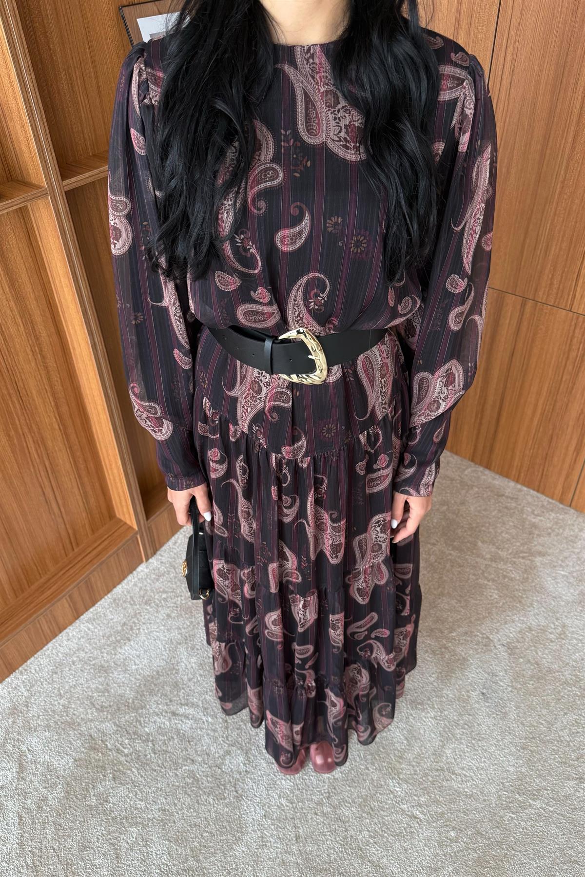 Etnik Desen Şifon Elbise - BORDO