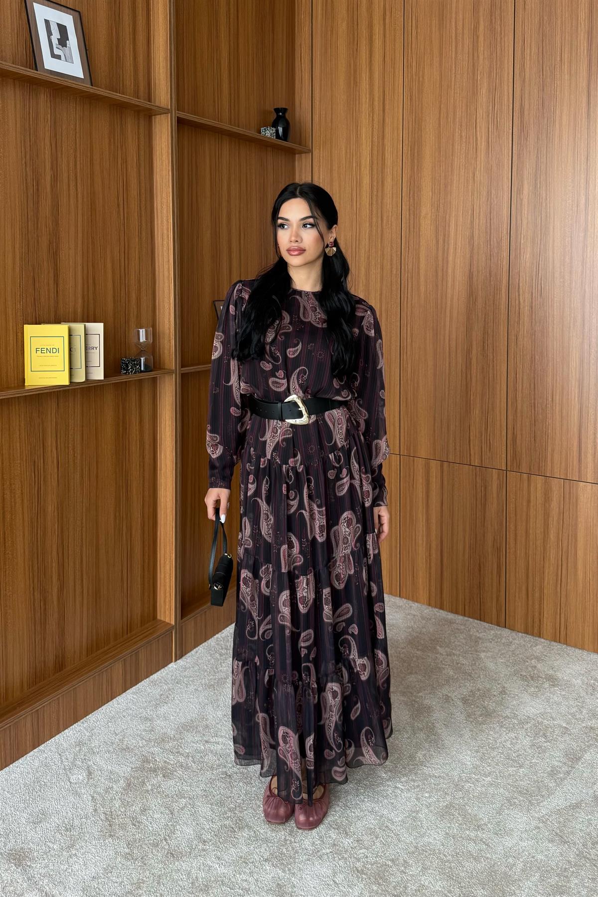 Etnik Desen Şifon Elbise - BORDO