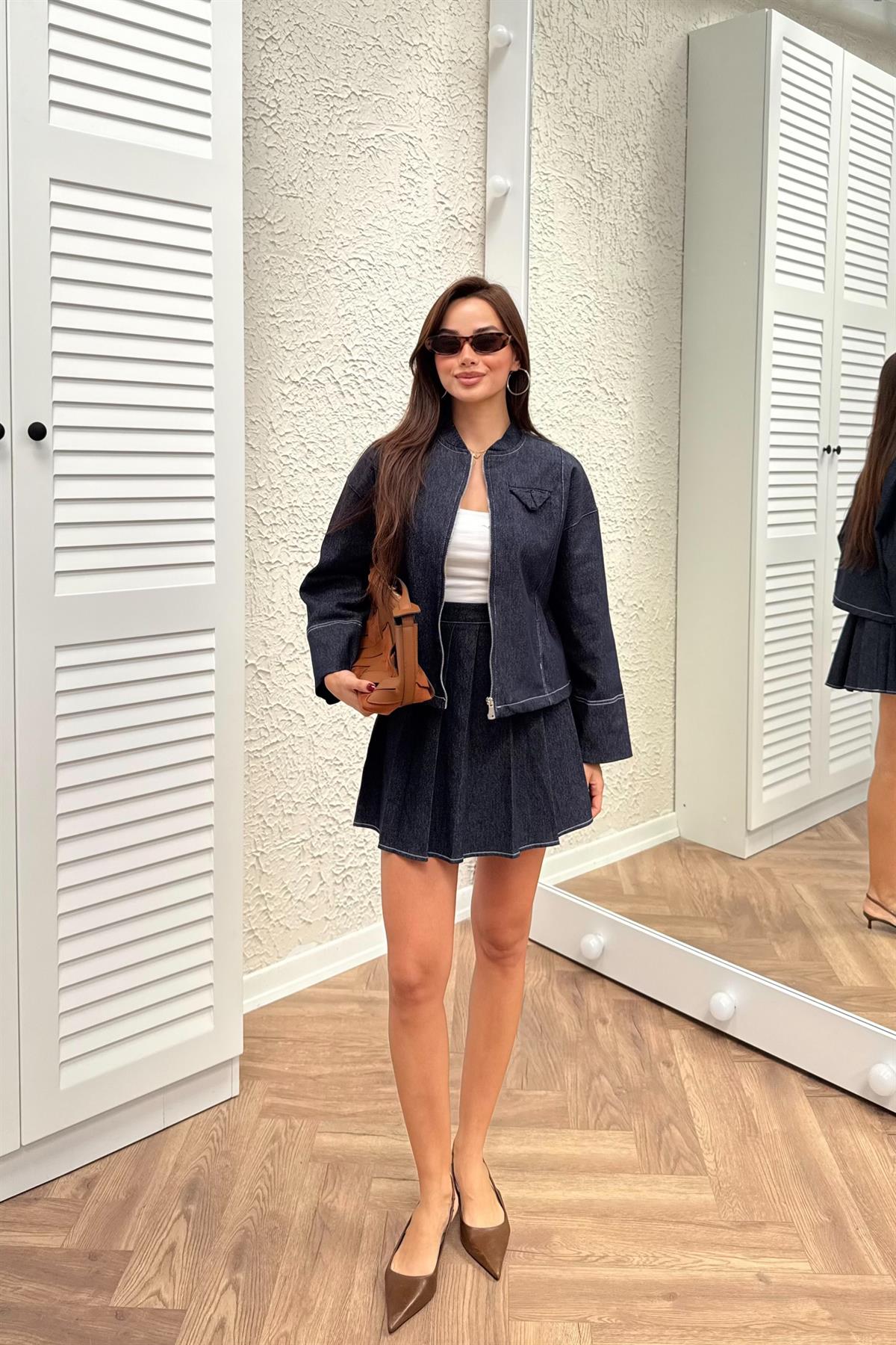 Fermuarlı Ceket Denim Etek Takım - LACİVERT