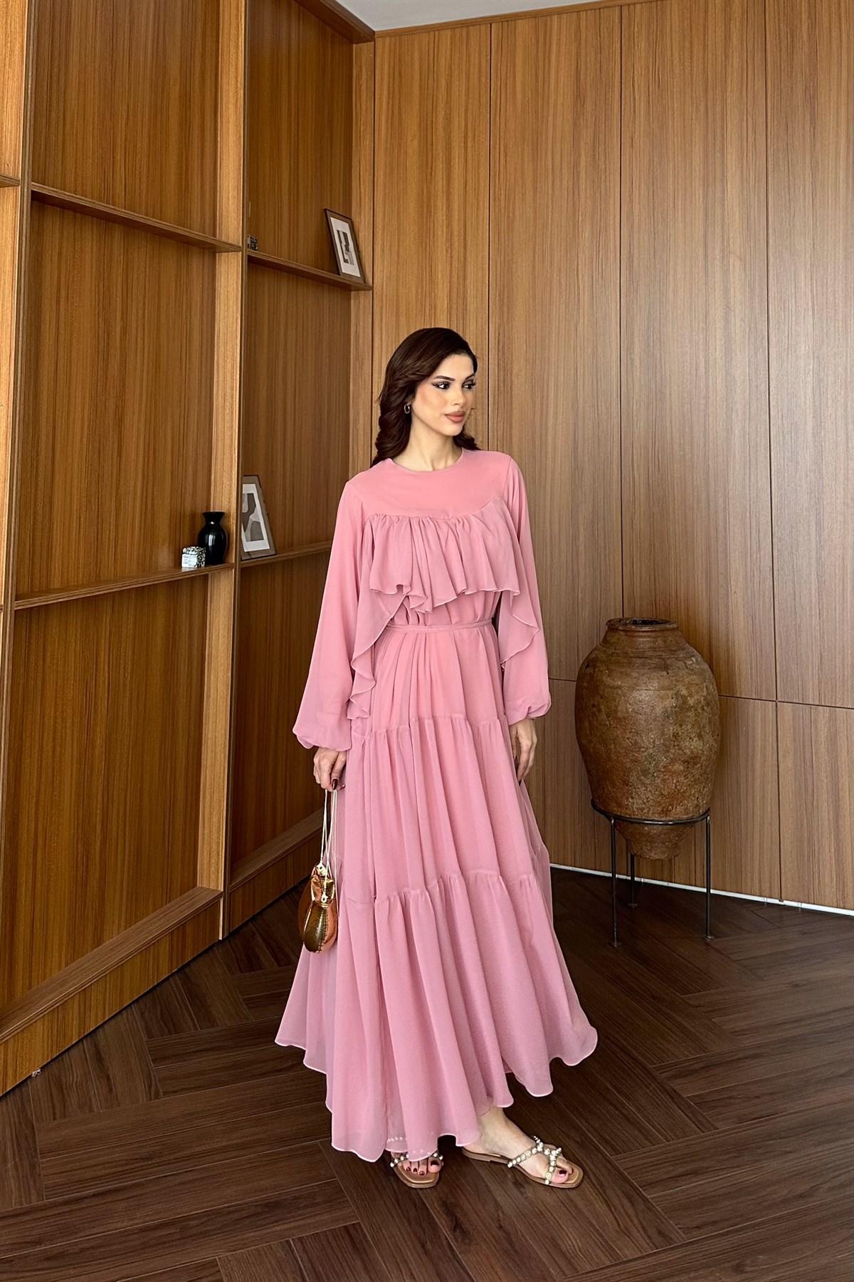 Fırfır Detaylı Elbise - PEMBE