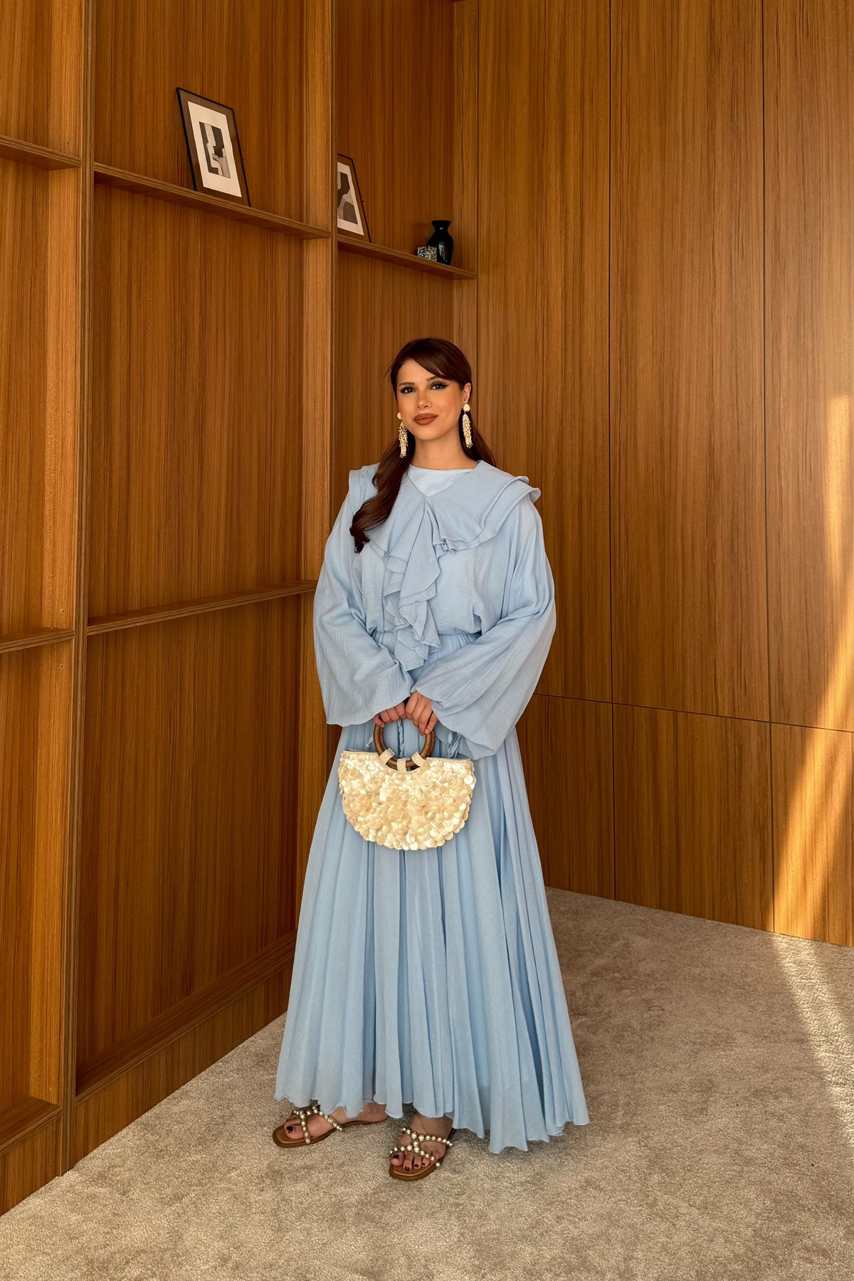 Fırfır Yaka Detaylı Elbise - MAVİ