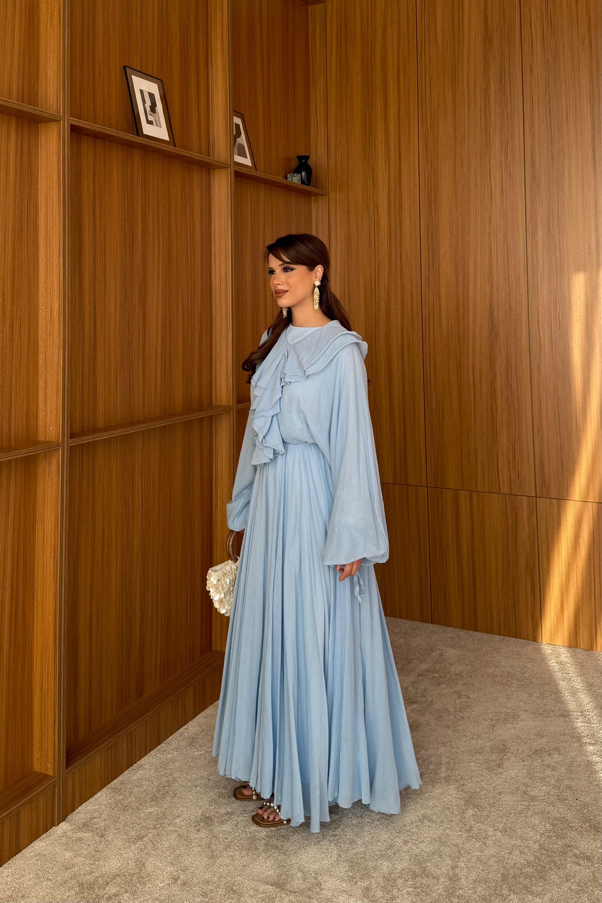 Fırfır Yaka Detaylı Elbise - MAVİ