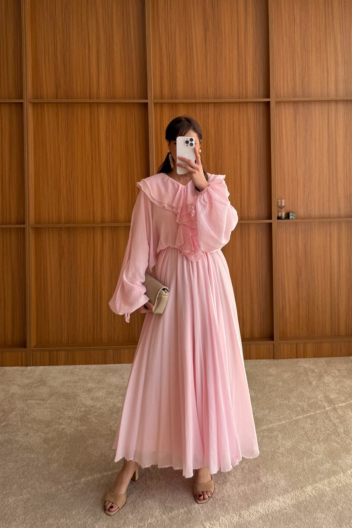 Fırfır Yaka Detaylı Elbise - PEMBE