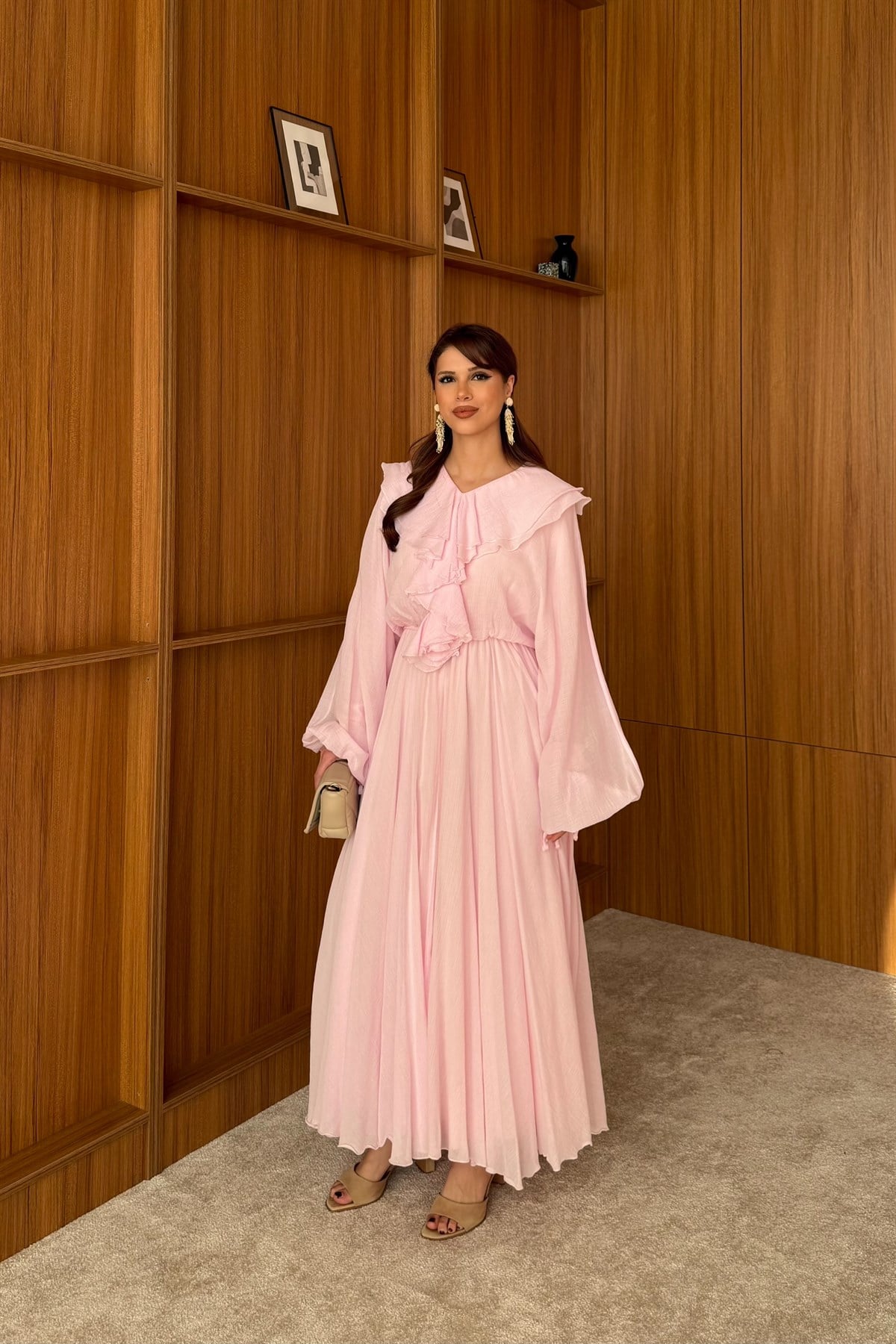 Fırfır Yaka Detaylı Elbise - PEMBE