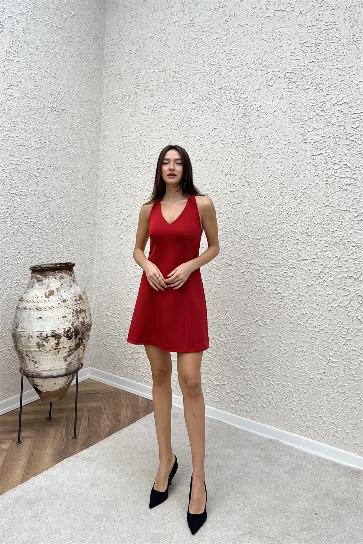 Fiyonk Detaylı Elbise - KIRMIZI