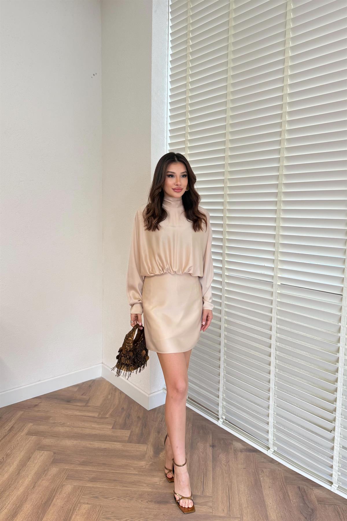 Fularlı Saten Elbise - BEJ