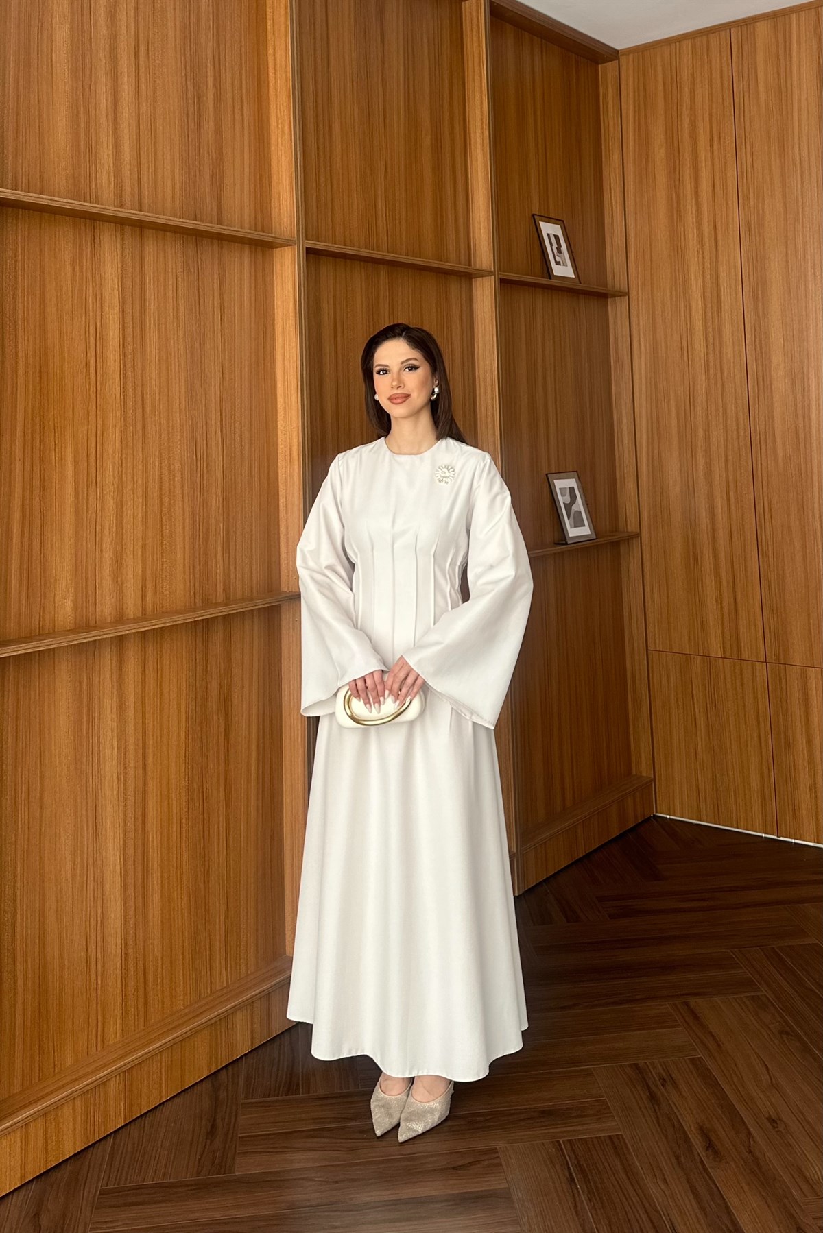 Gold Aksesuarlı Poplin Elbise - BEJ