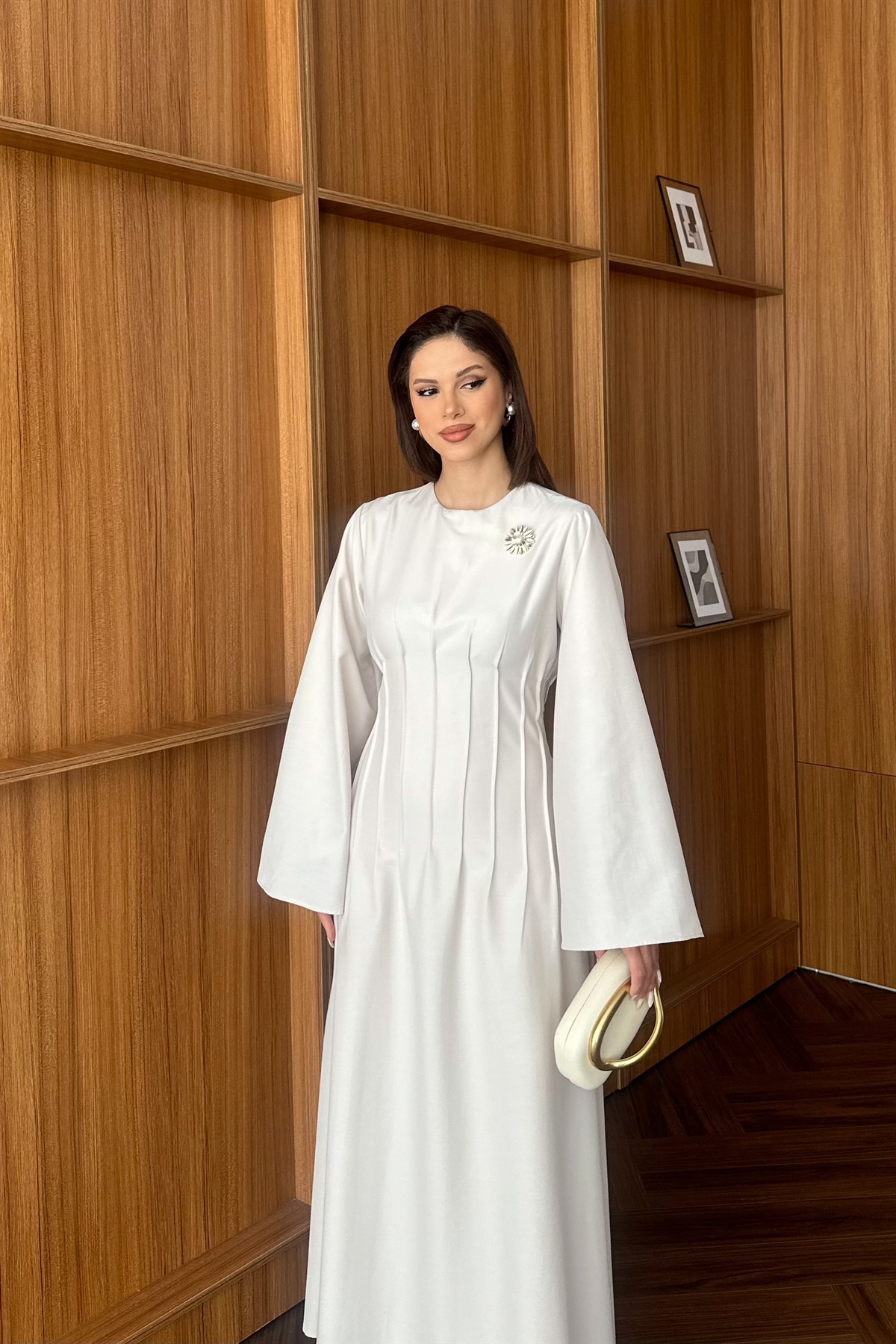 Gold Aksesuarlı Poplin Elbise - BEJ