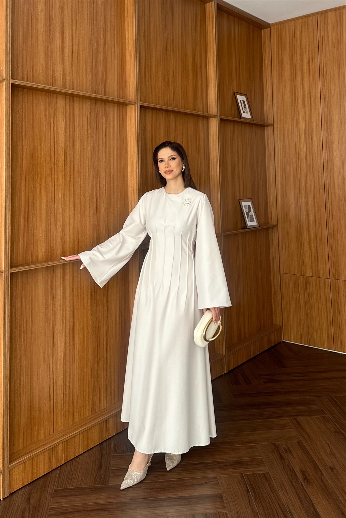 Gold Aksesuarlı Poplin Elbise - BEJ