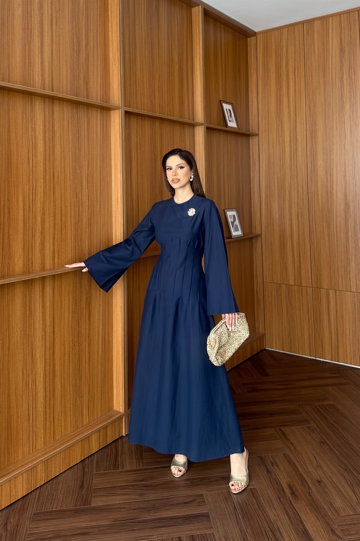 Gold Aksesuarlı Poplin Elbise - LACİVERT