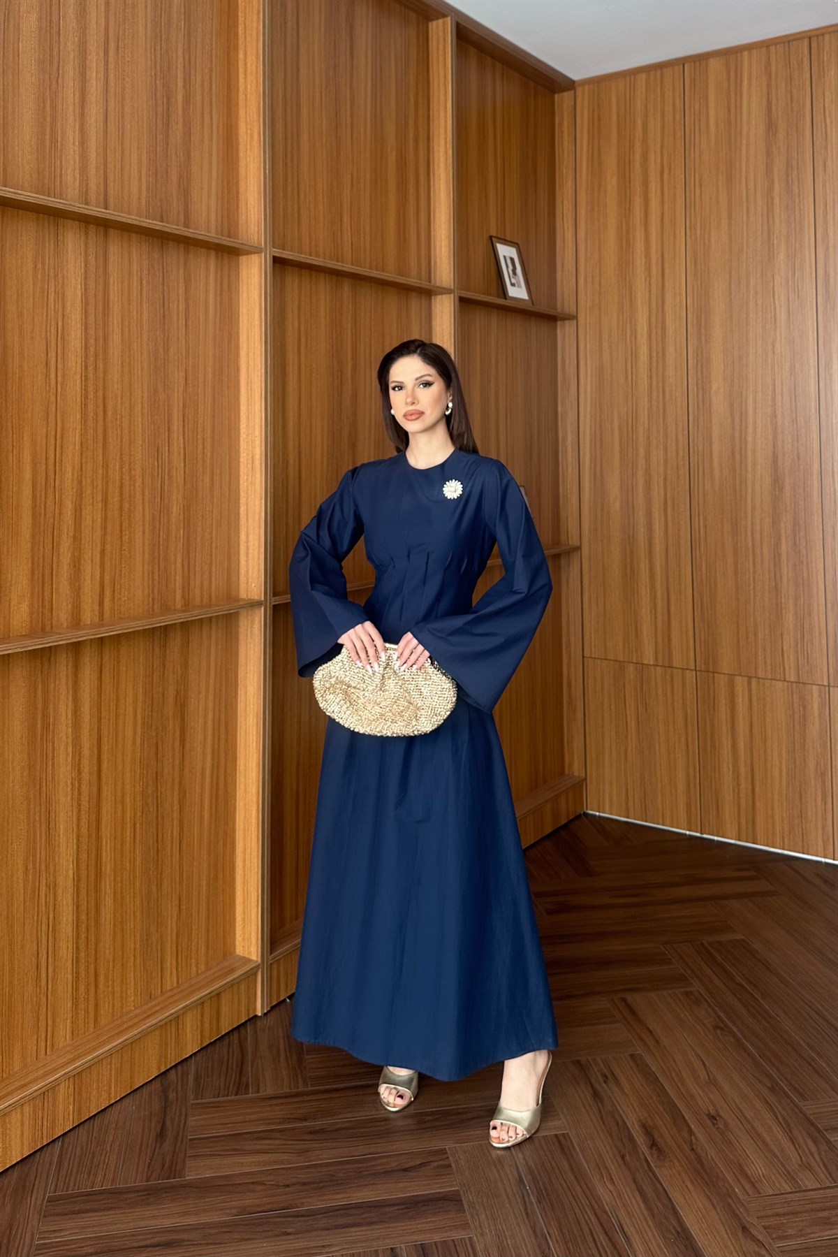 Gold Aksesuarlı Poplin Elbise - LACİVERT