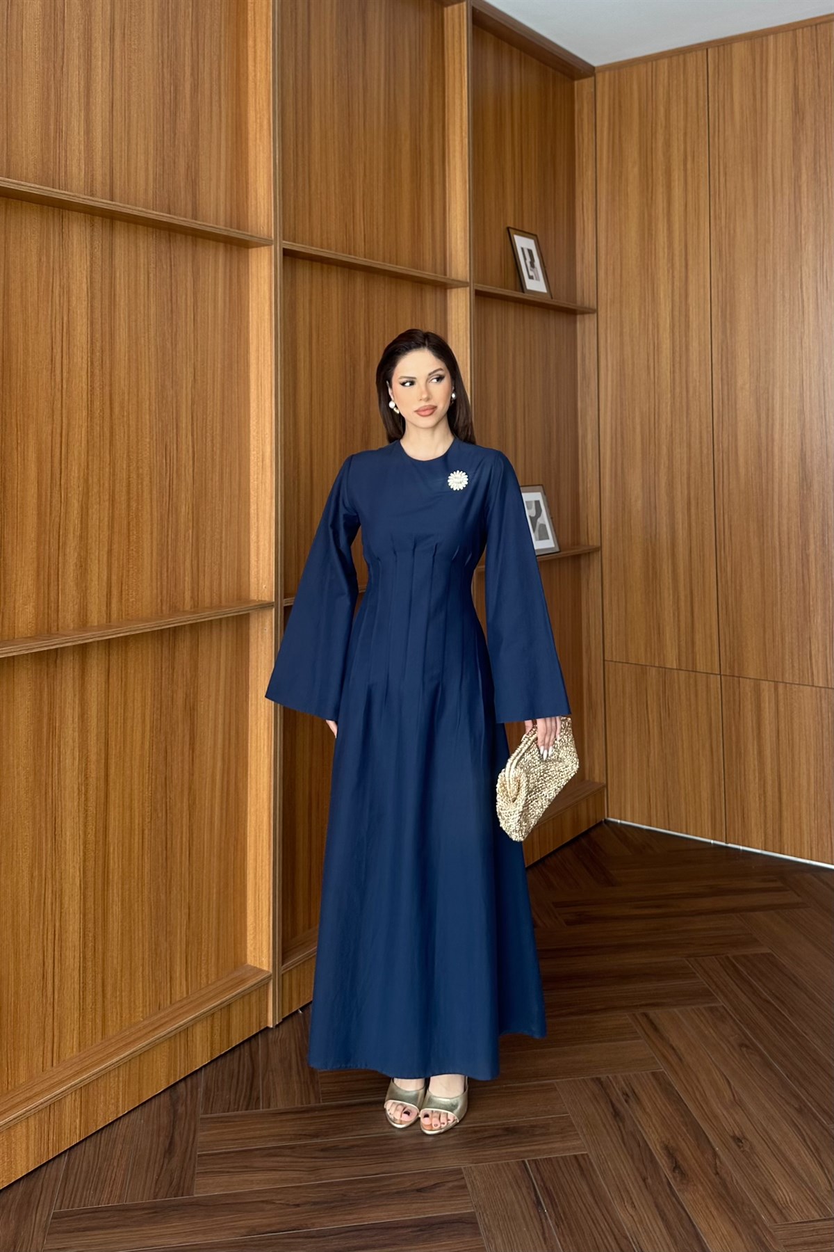 Gold Aksesuarlı Poplin Elbise - LACİVERT
