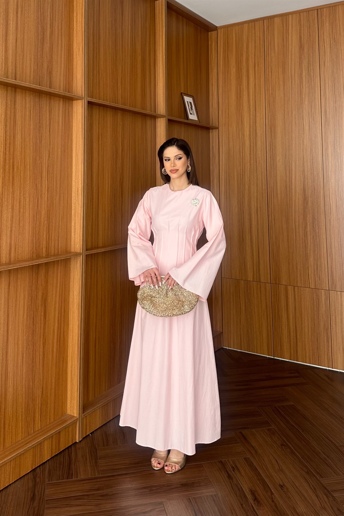 Gold Aksesuarlı Poplin Elbise - PEMBE