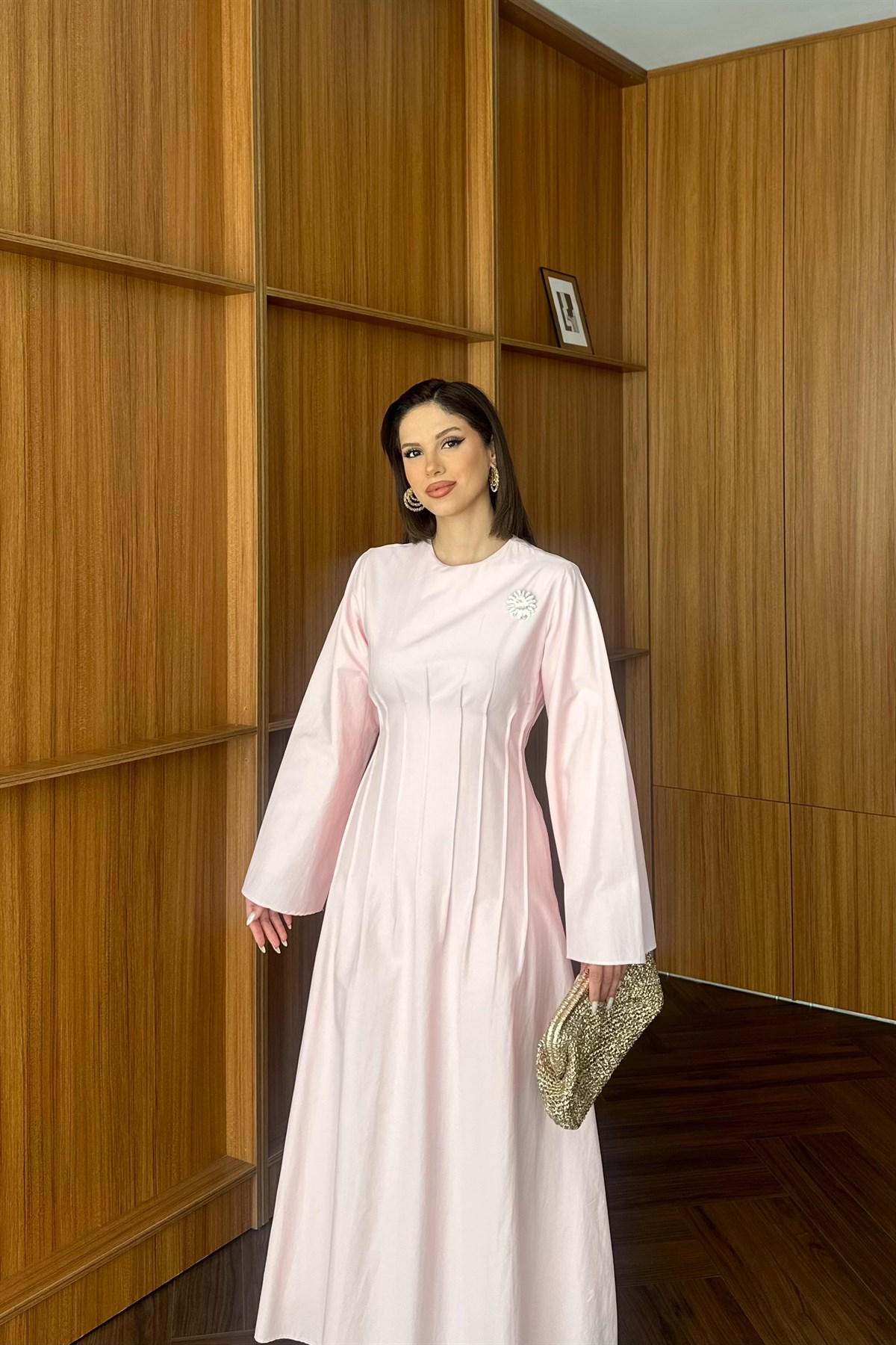 Gold Aksesuarlı Poplin Elbise - PEMBE
