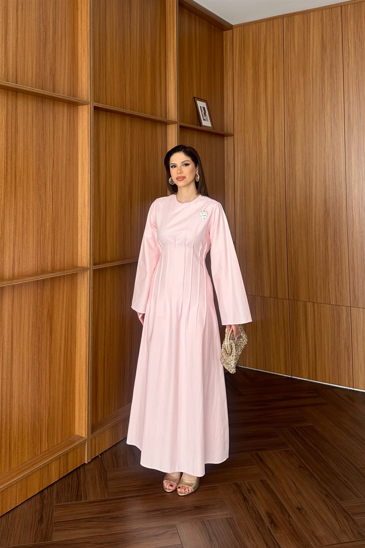 Gold Aksesuarlı Poplin Elbise - PEMBE