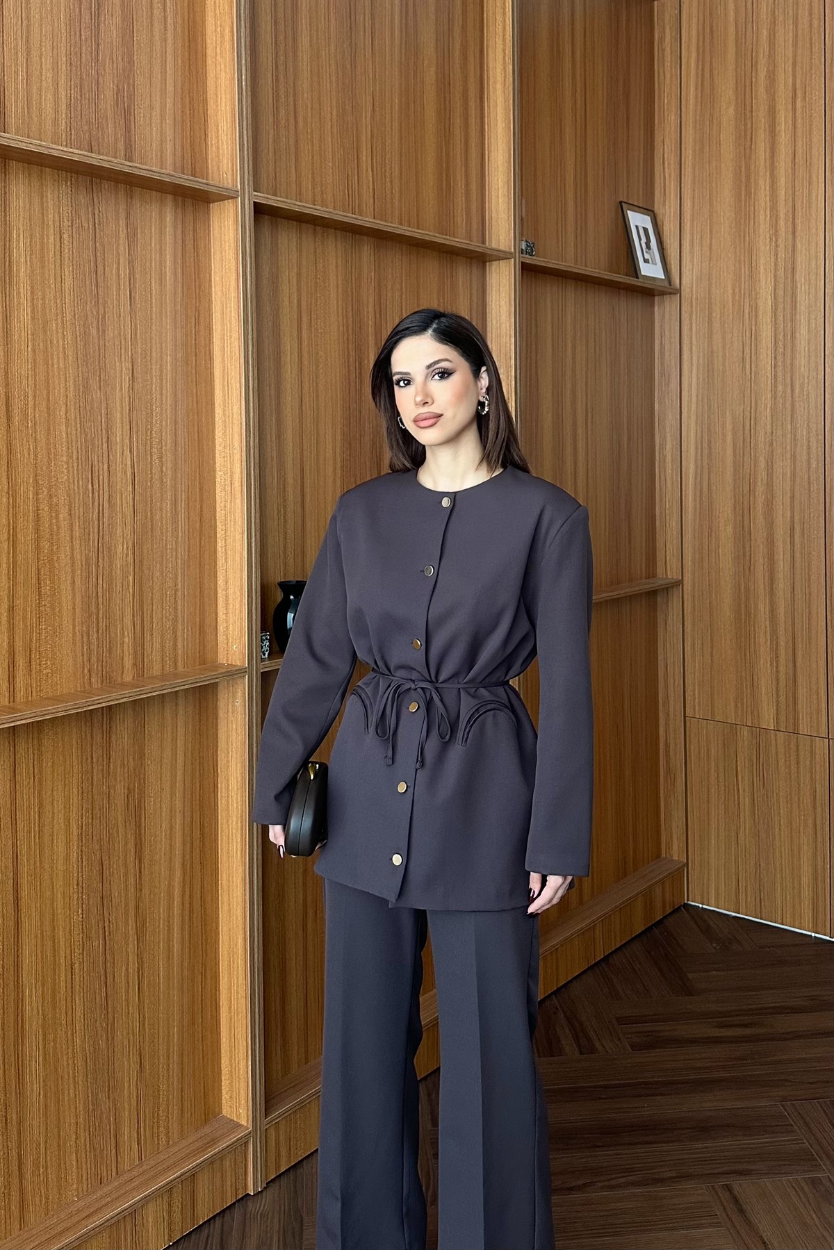 Gold Düğme Detaylı Pantolon Takım - KAHVE