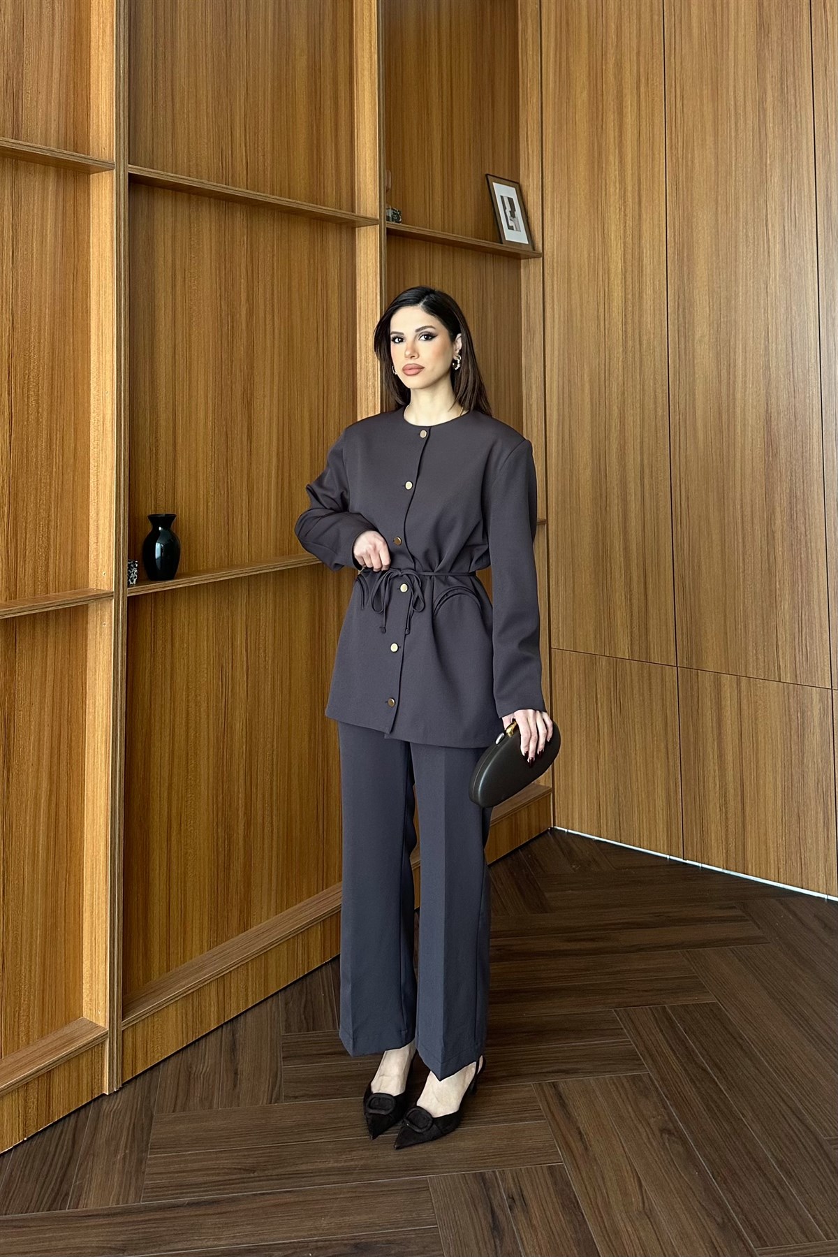 Gold Düğme Detaylı Pantolon Takım - KAHVE