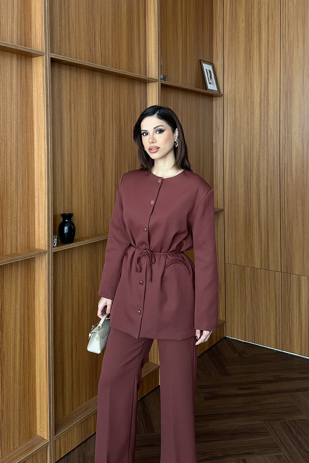 Gold Düğme Detaylı Pantolon Takım - TOPRAK