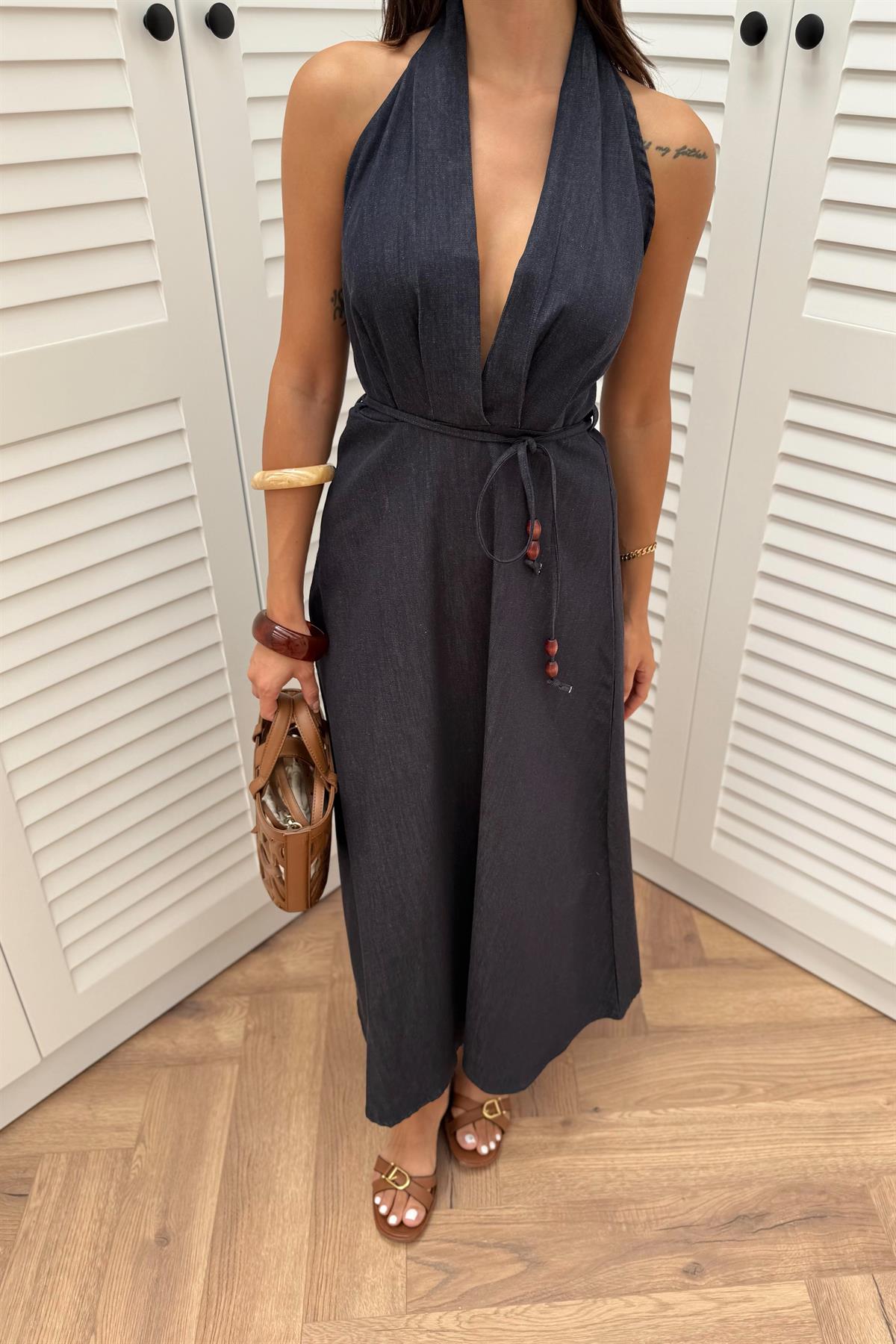 Halter Yaka Denim Elbise - LACİVERT