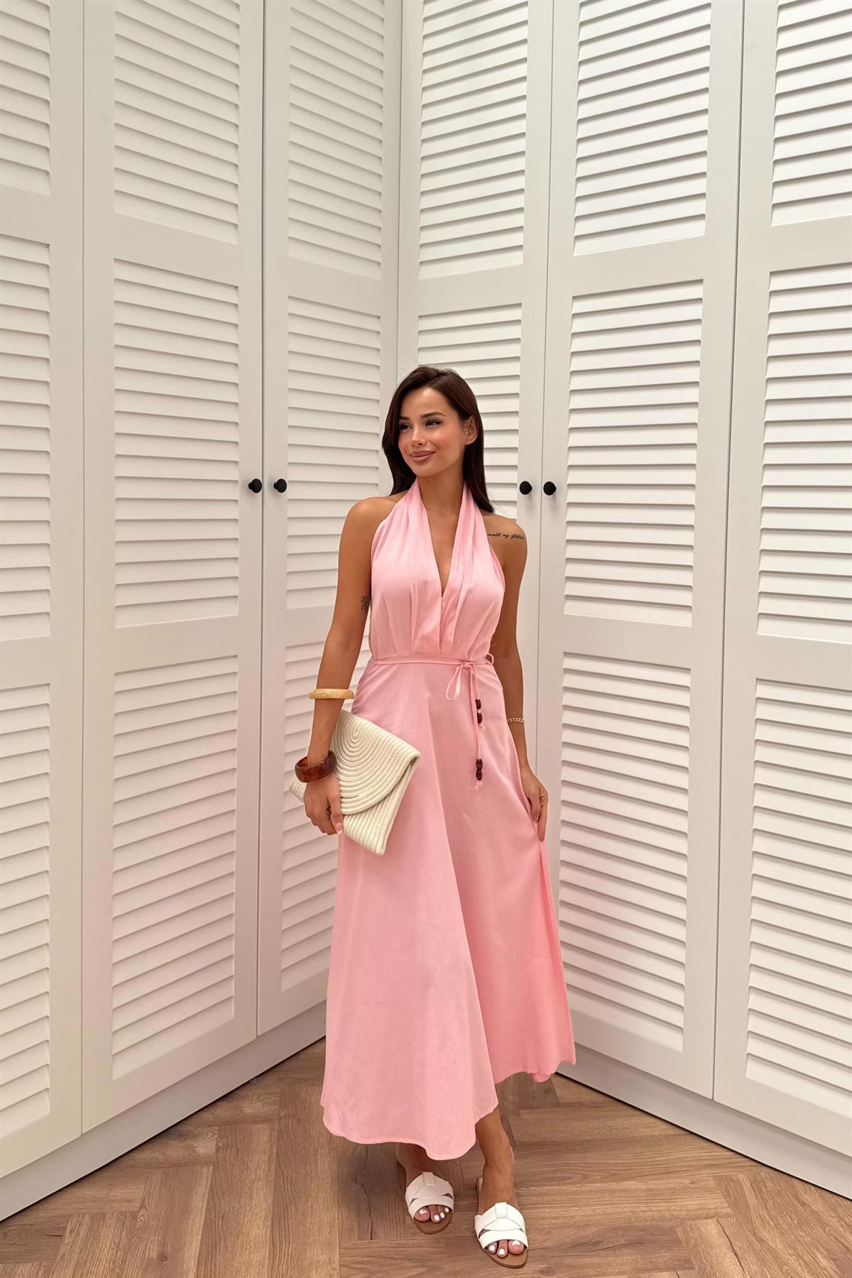 Halter Yaka Kemerli Keten Elbise - PEMBE