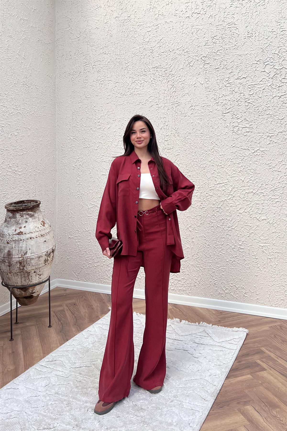 İp Kemerli Pantolon Takım - BORDO