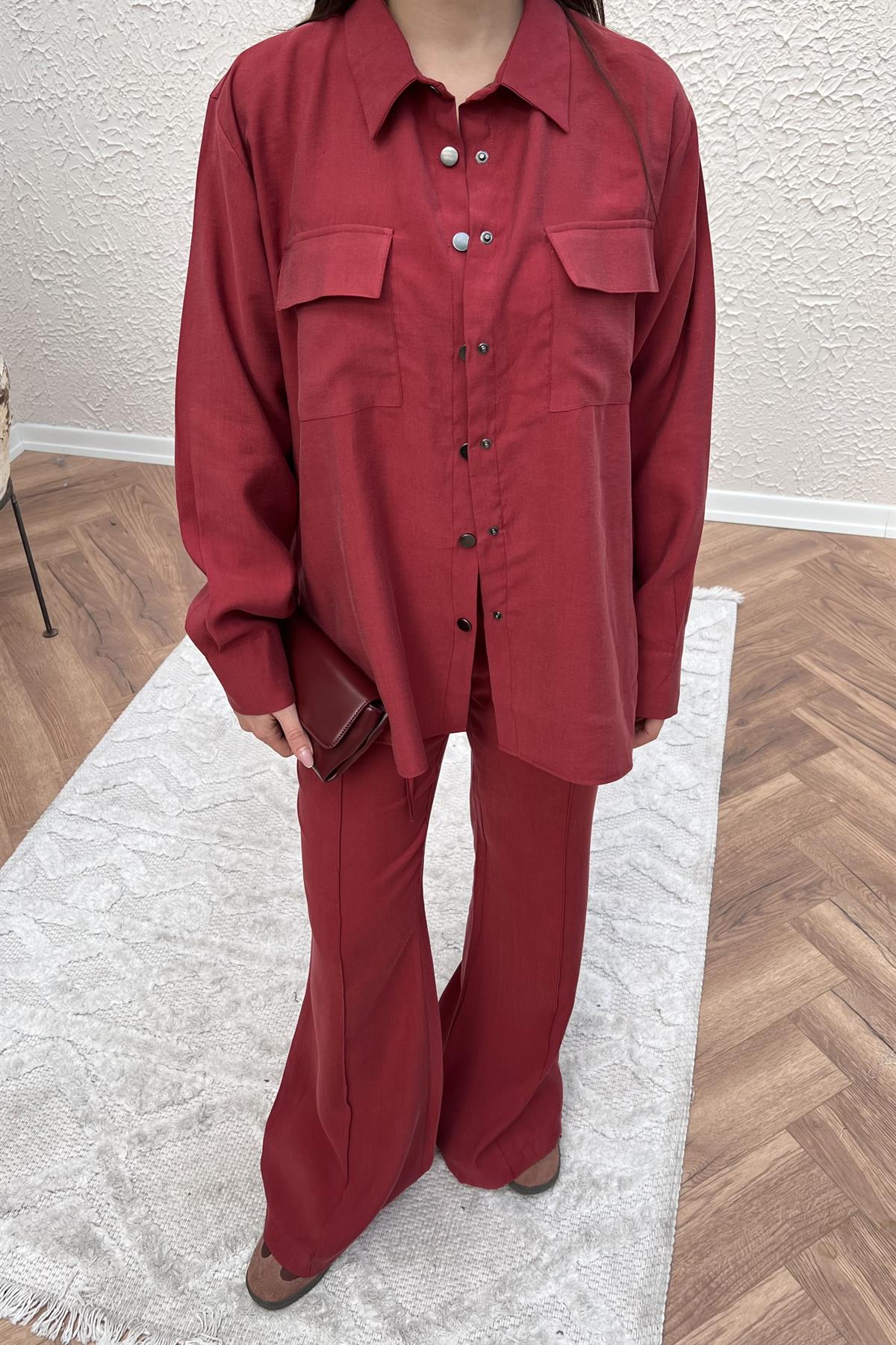 İp Kemerli Pantolon Takım - BORDO