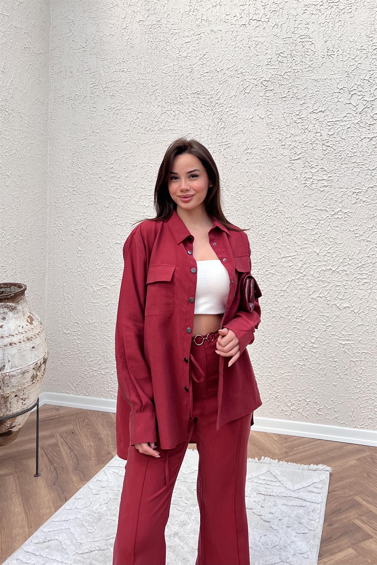 İp Kemerli Pantolon Takım - BORDO
