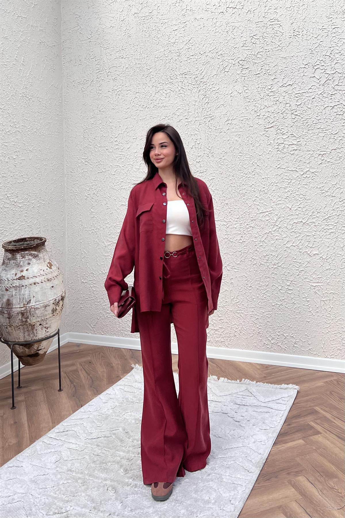 İp Kemerli Pantolon Takım - BORDO