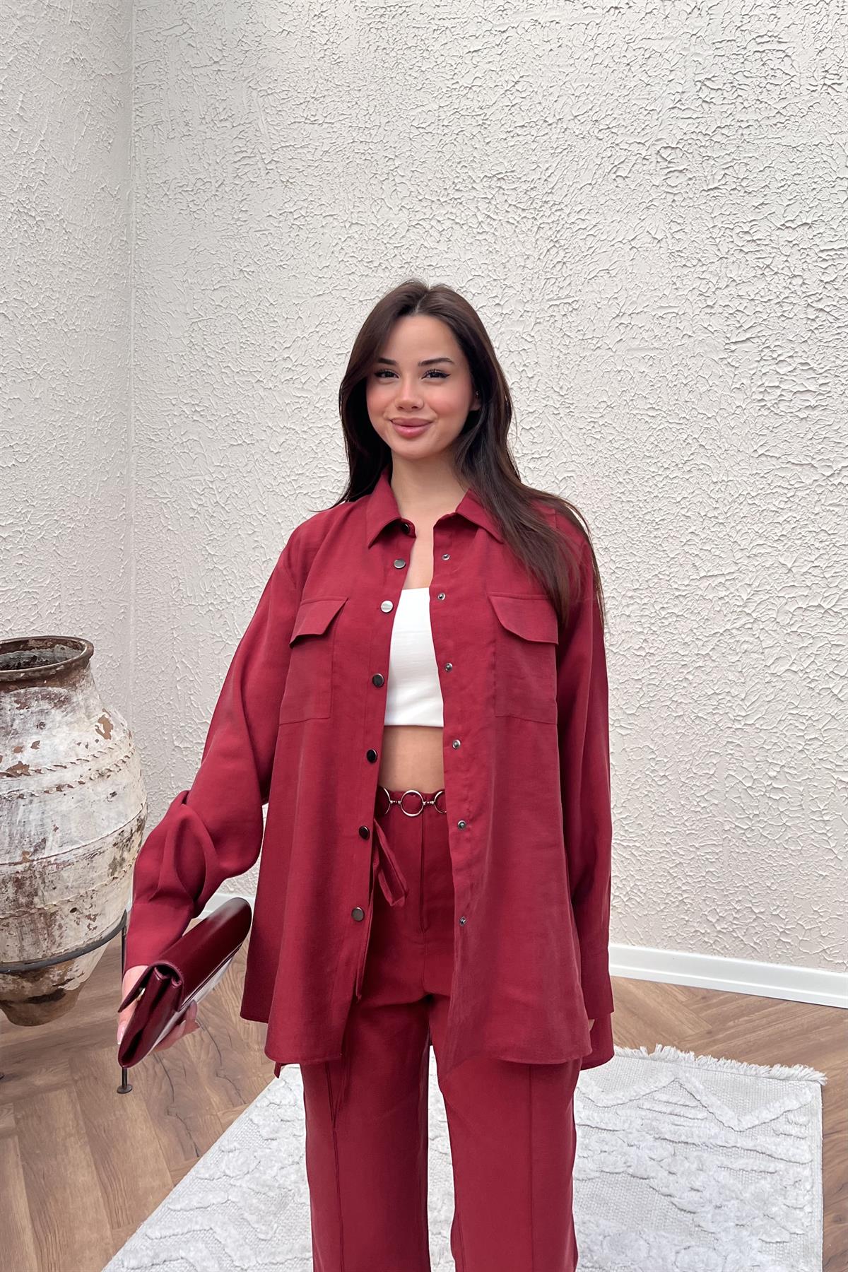 İp Kemerli Pantolon Takım - BORDO