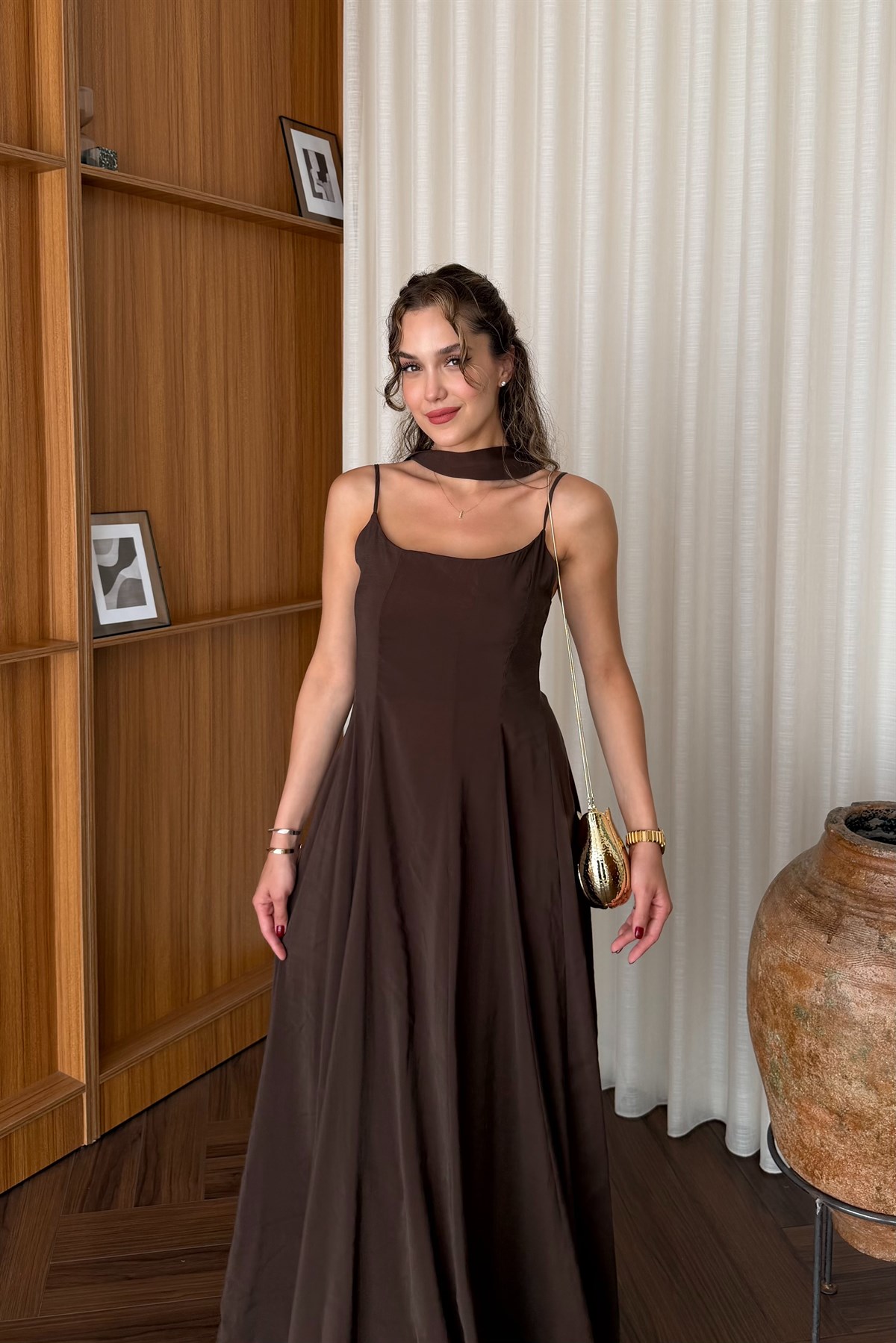 Kemerli Askılı Elbise - KAHVE
