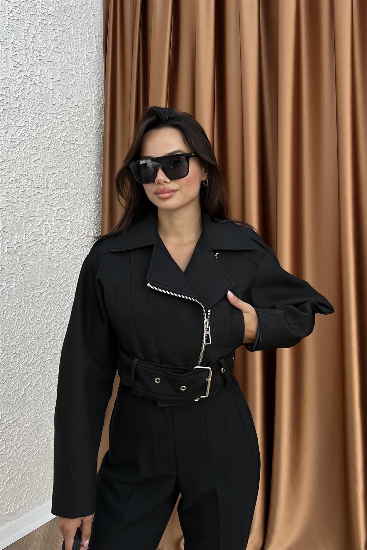 Kemerli Biker Ceket - SİYAH