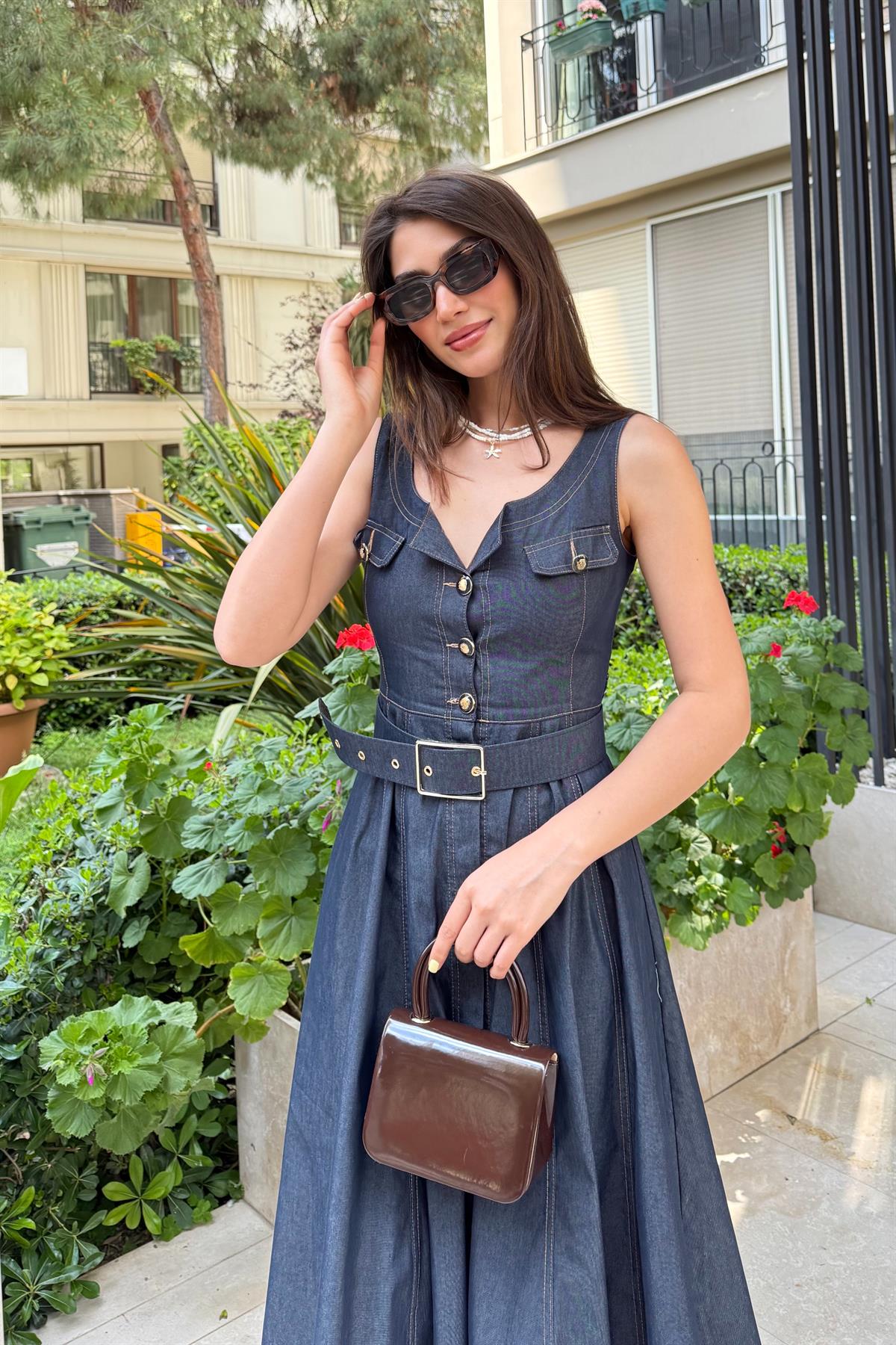 Kemerli Denim Elbise - LACİVERT