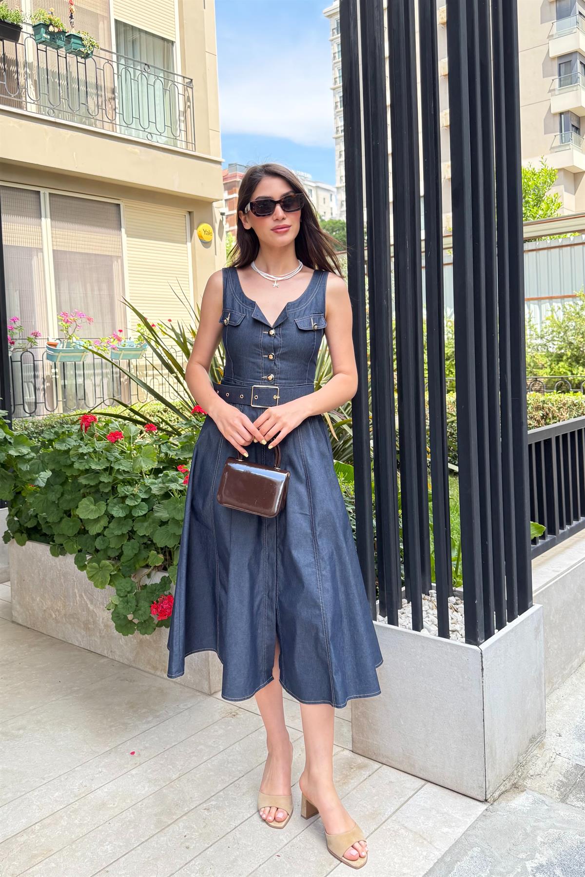 Kemerli Denim Elbise - LACİVERT