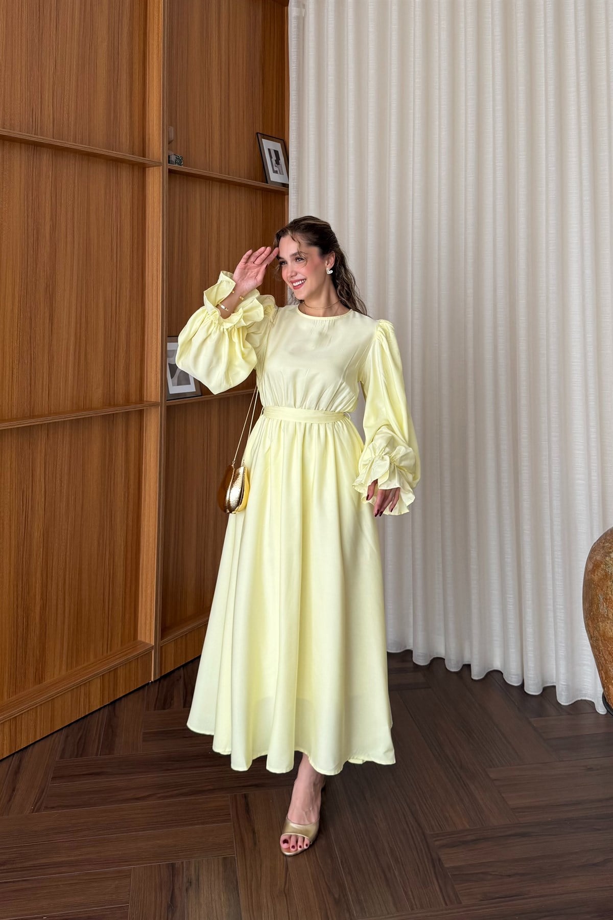 Kemerli Poplin Elbise - SARI