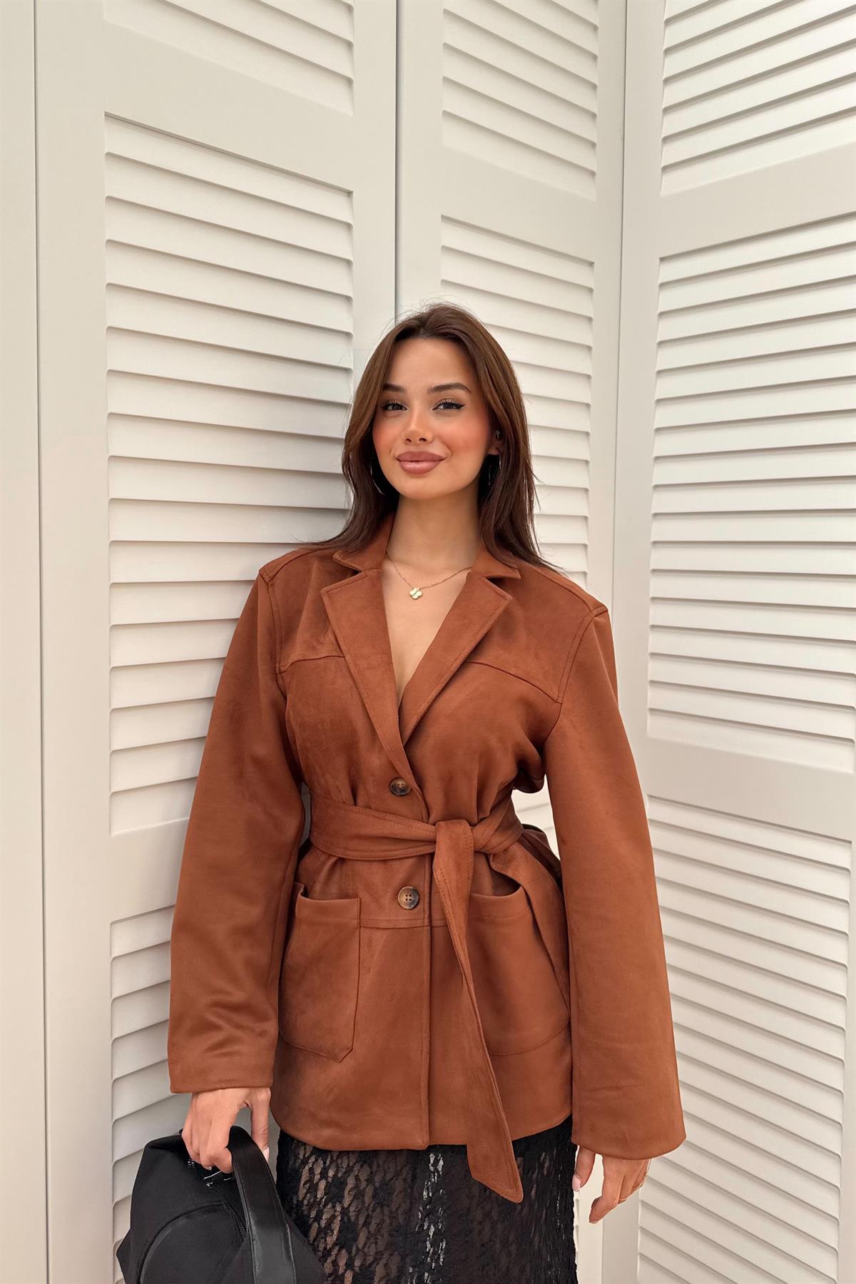 Kemerli Süet Blazer Ceket - KAHVE