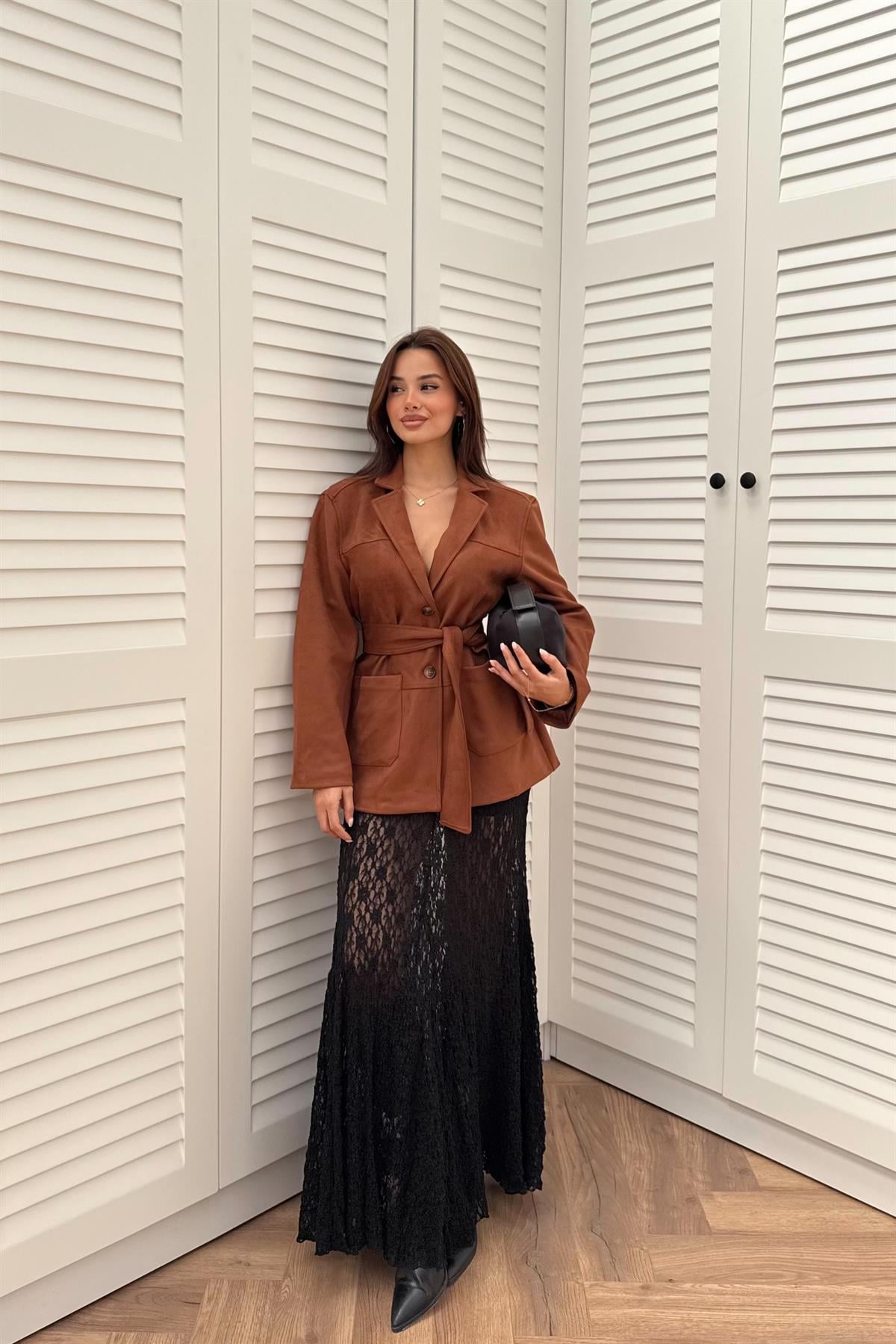 Kemerli Süet Blazer Ceket - KAHVE