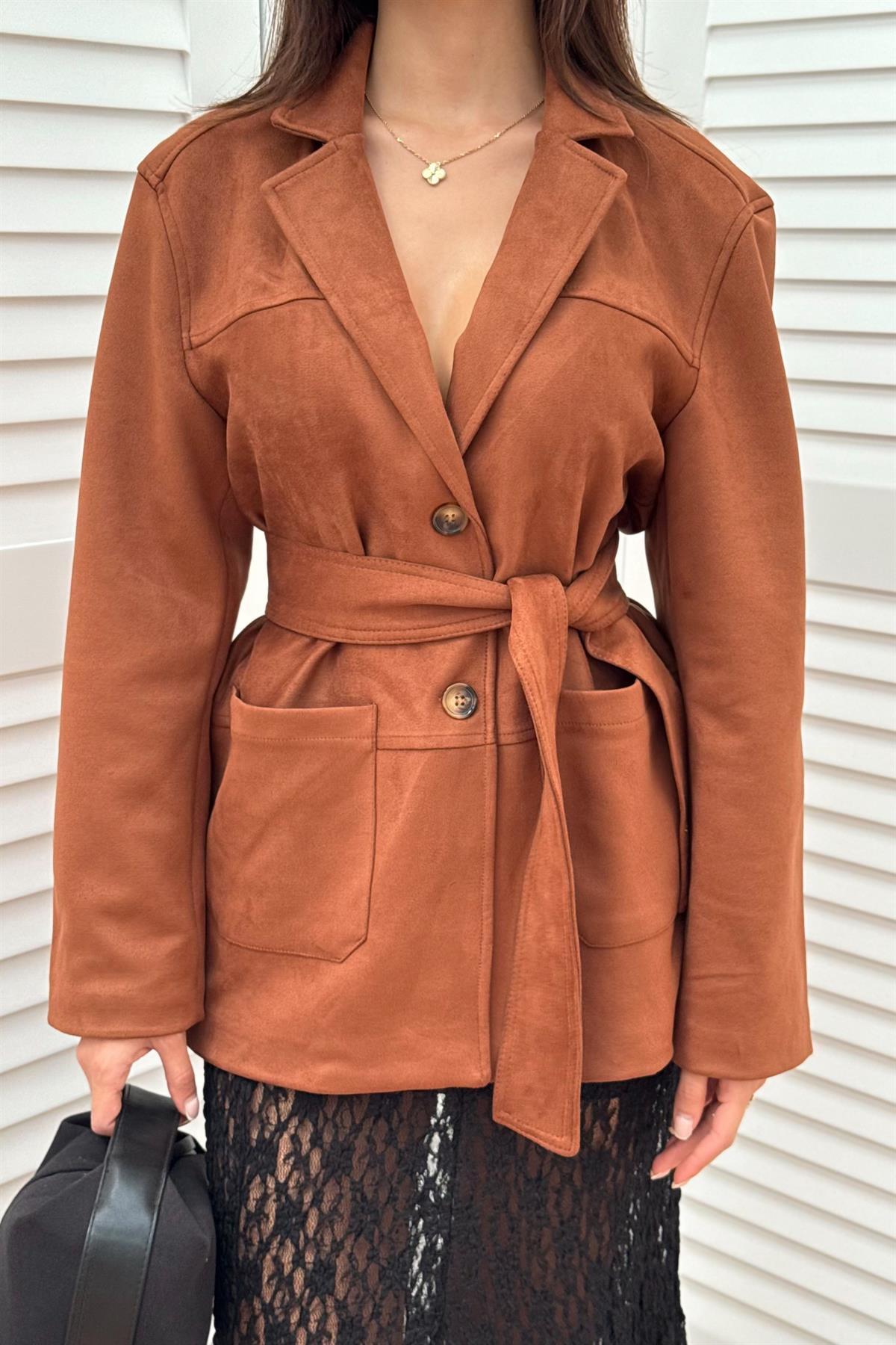 Kemerli Süet Blazer Ceket - KAHVE