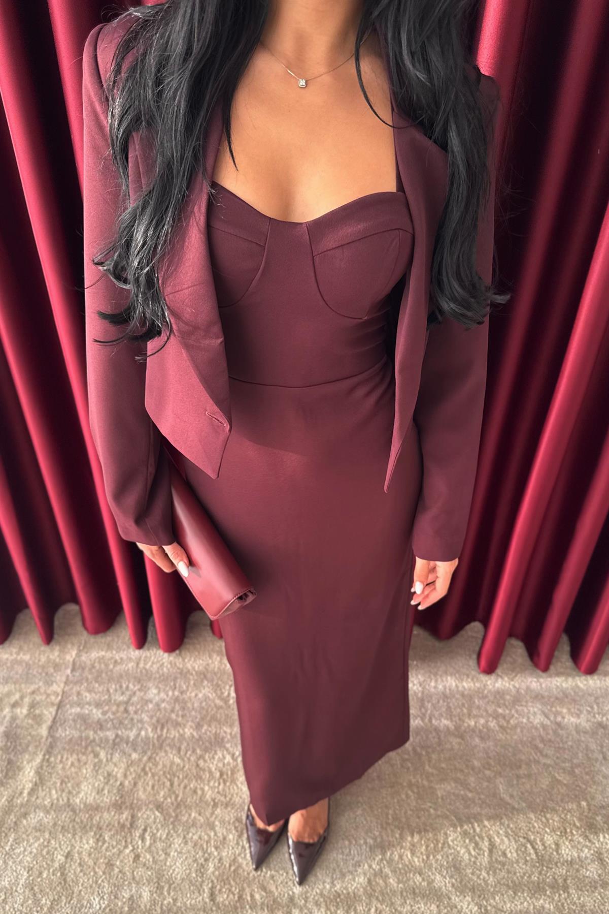 Kısa Ceketli Uzun Elbise Takım - MÜRDÜM