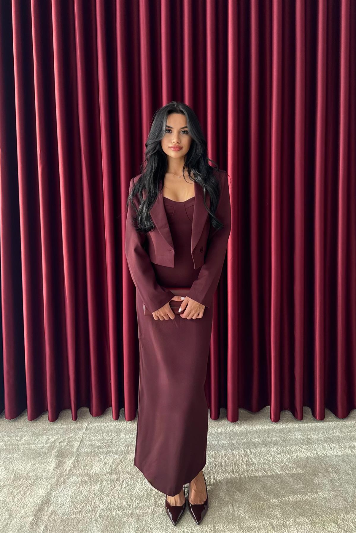 Kısa Ceketli Uzun Elbise Takım - MÜRDÜM