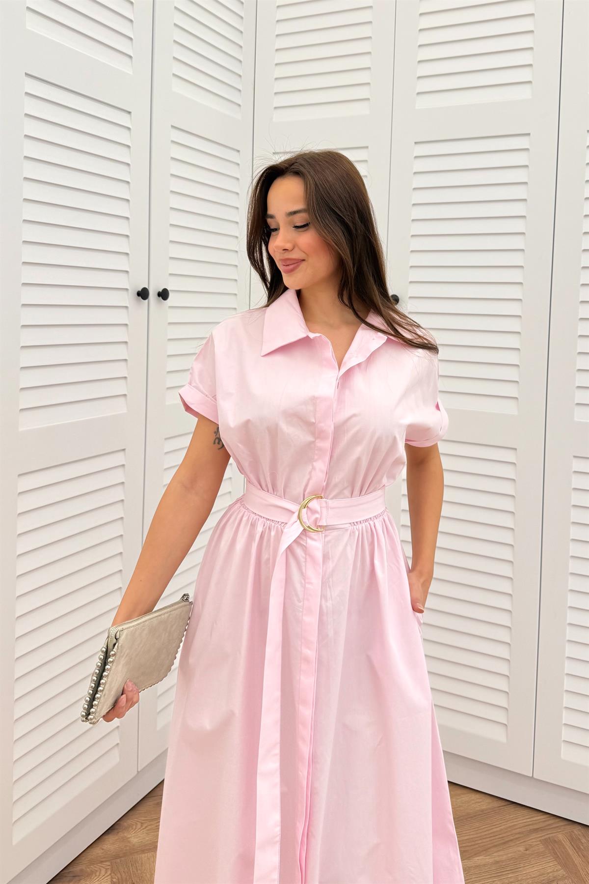 Kısa Kollu Gömlek Elbise - PEMBE