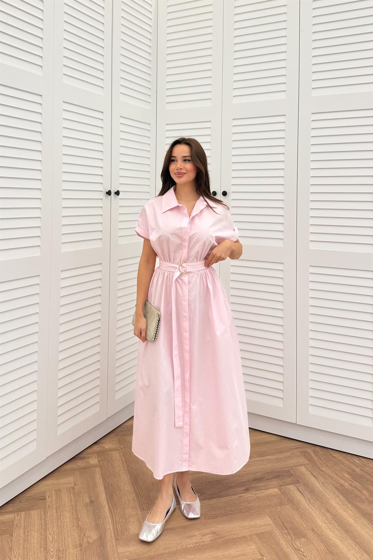 Kısa Kollu Gömlek Elbise - PEMBE