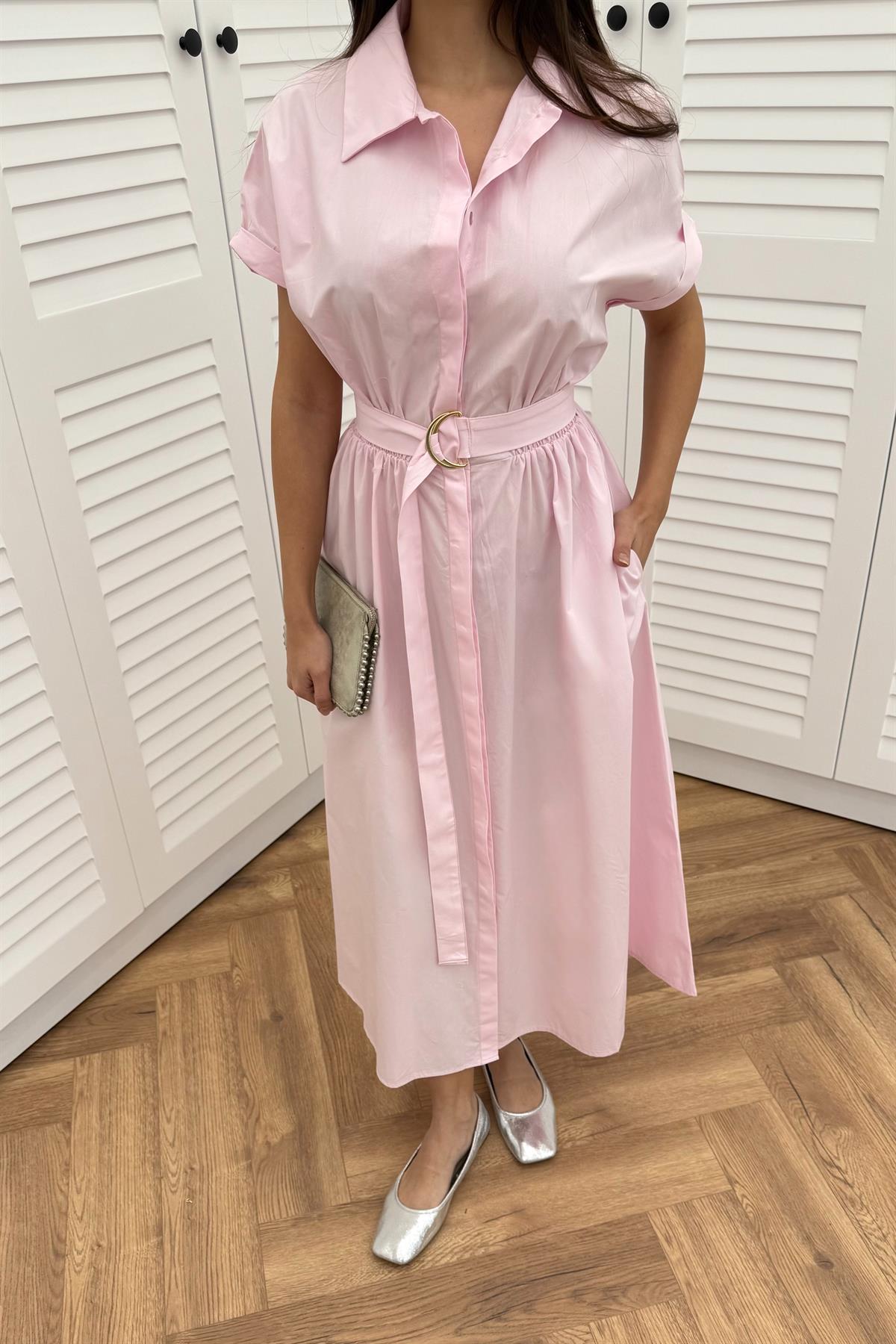 Kısa Kollu Gömlek Elbise - PEMBE
