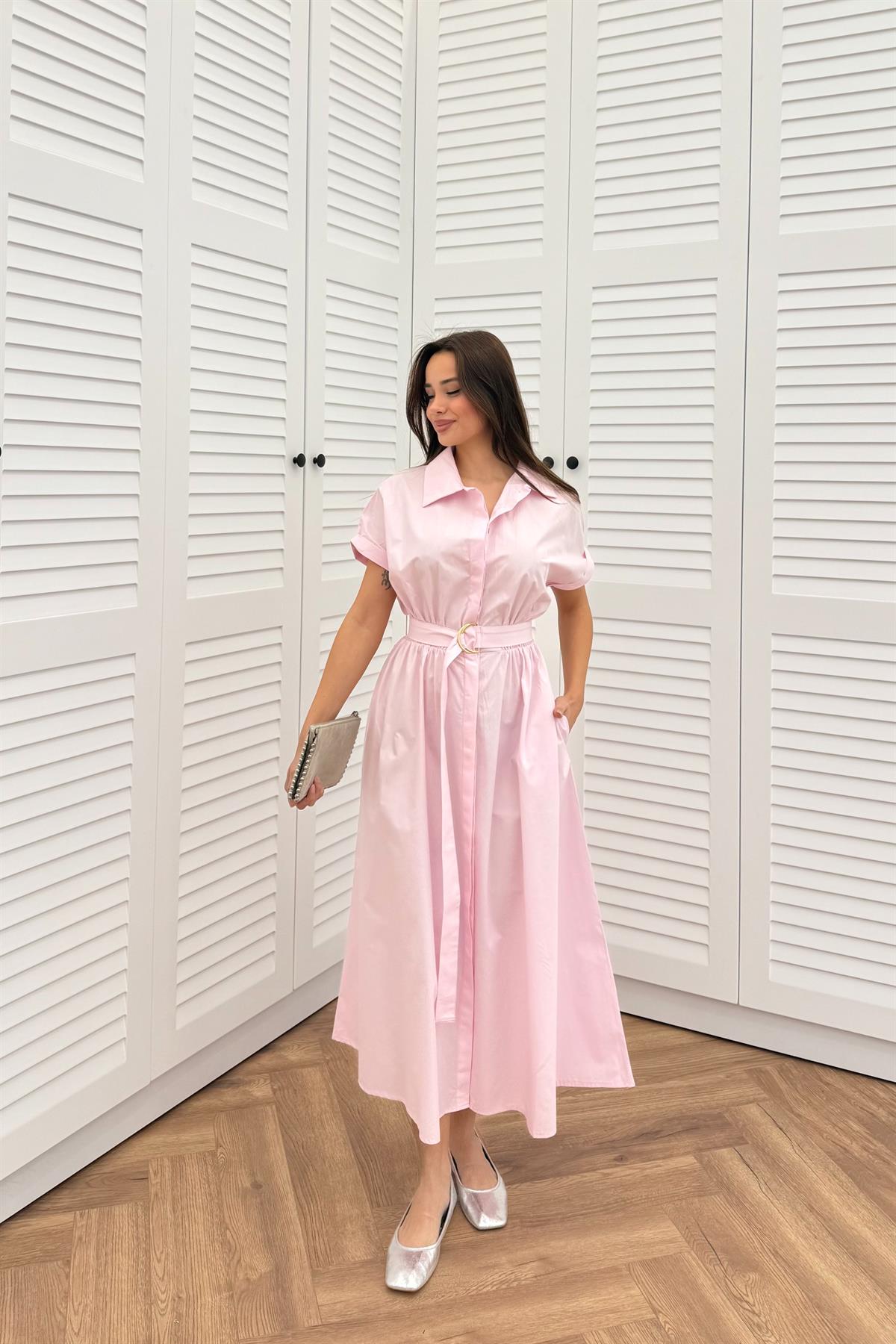 Kısa Kollu Gömlek Elbise - PEMBE