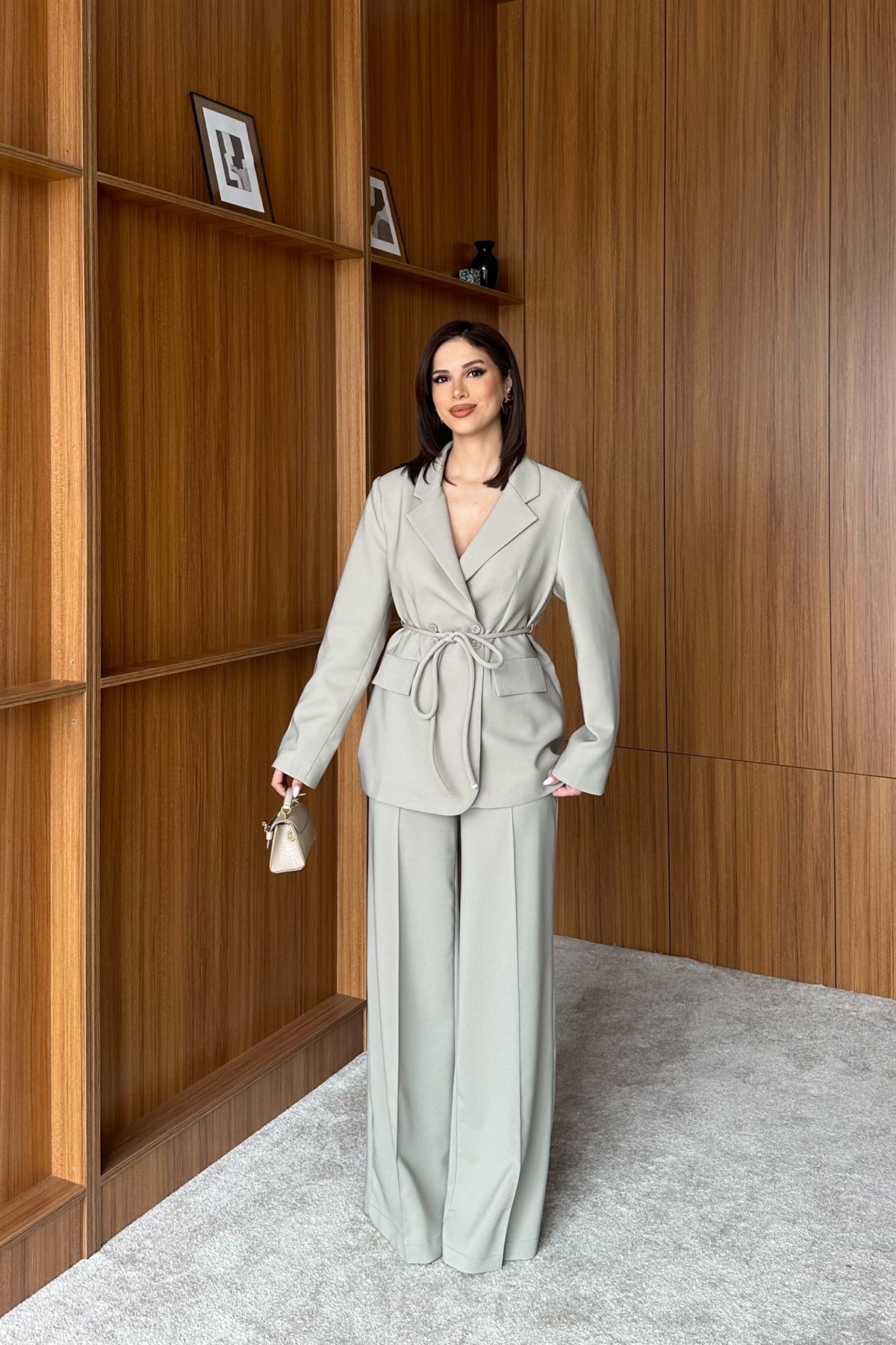 Kruvaze Yaka Blazer Pantolon Takım - HAKİ