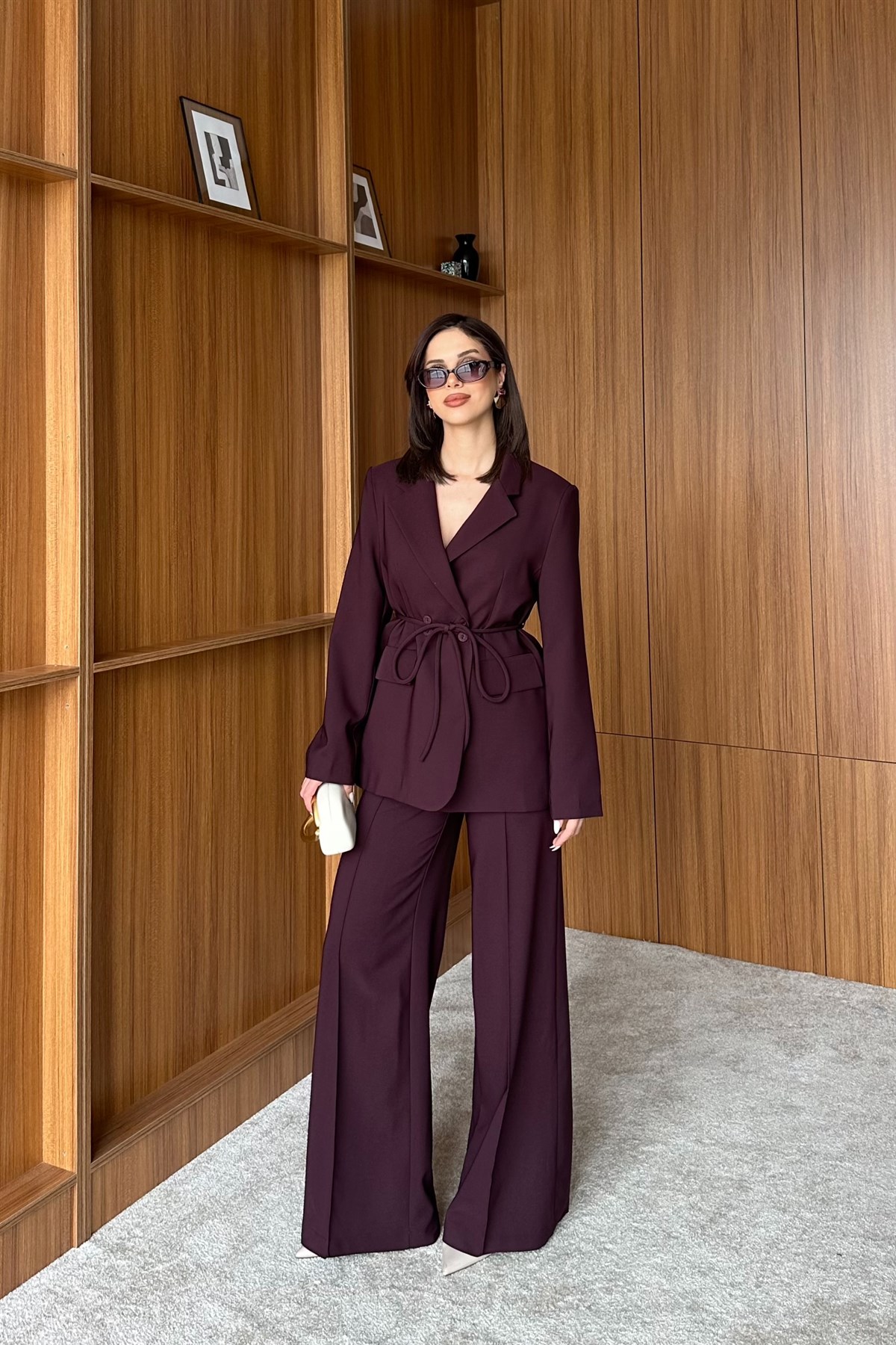Kruvaze Yaka Blazer Pantolon Takım - MÜRDÜM